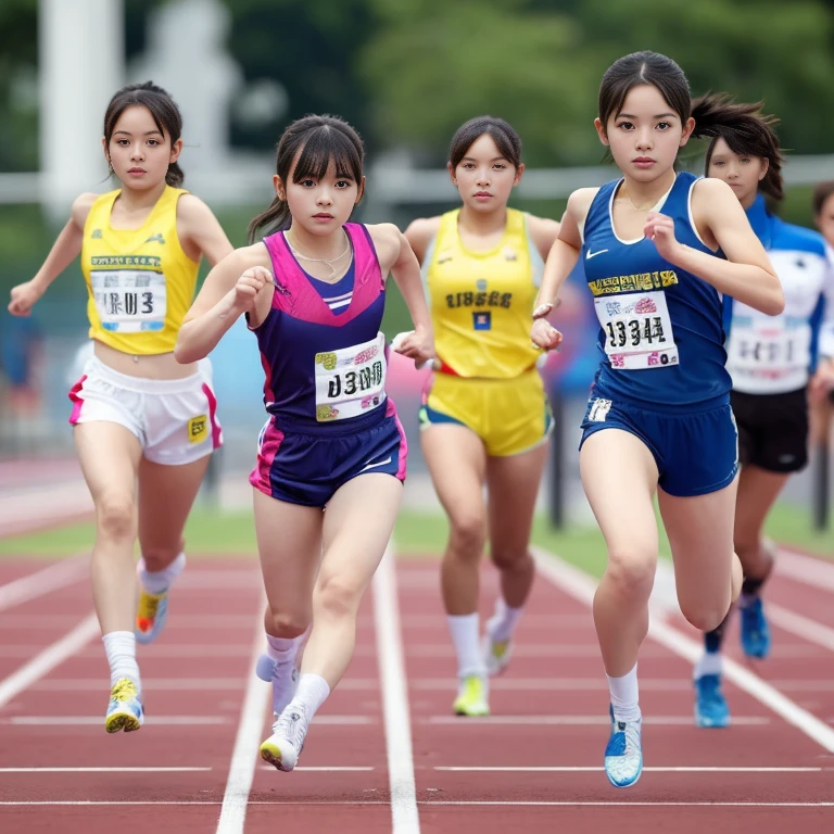 master peace, best quality, ultra-detailed, realistic, cowboy shot, 3girls, 3girls are 100m sprint race, {{{crouching start}}}, Japanese girl, multiple girls, gym uniform, tight short tops, racing bloomers, track and field