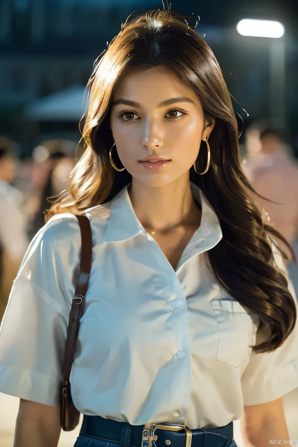 //quality (masterpiece:1.3, realistic, photo-realistic:1.37, Raw photo), High resolution, super detailed, Highly detailed CG Unity 8K wallpaper, beautiful and detailed face, fine cloth texture, detailed hair texture, perfect proportions, beautiful face, Accurate, anatomically correct, Highly detailed face and skin texture, natural neck length, firm skin, (beautiful hands, beautiful fingers, beautiful light blue nails), (7 perfect body shape), (Shiny little necklace and hoop earrings), break 1 girl:1.3, alone:1.3, 20 years, ((neat:1.5)), fine eyes, symmetrical eyes, light brown eyes, double eyelid, thin eyebrows, (glossy lips:1.4), (Fair skin:1.3), thin legs, thin legs, pale skin, realistic skin, (slender body shape:1.2, Navel exposed), ((layered hairstyles, wavy hair, dark brown hair, medium long hair):1.2), break (oversized white button shirt:1.4), (white button shirt hem around the waist:1.3), (crop top white collar shirt:1.3), break (pastel colored wide pants, very bright blue):1.2), (cross strap sandals:1.2), (Western Belt:1.2), break //angle ((focus on face:1.2)), ((upper body shot:1.3)), //place (Japanese night beer garden crowded with many people:1.3), //effect (calm color background:1.2), ((Depth of the bounds written:1.2)), (chiaroscuro, cinematic lighting:1.2), (Bokeh:1.2), (Light and shadow:1.3), break