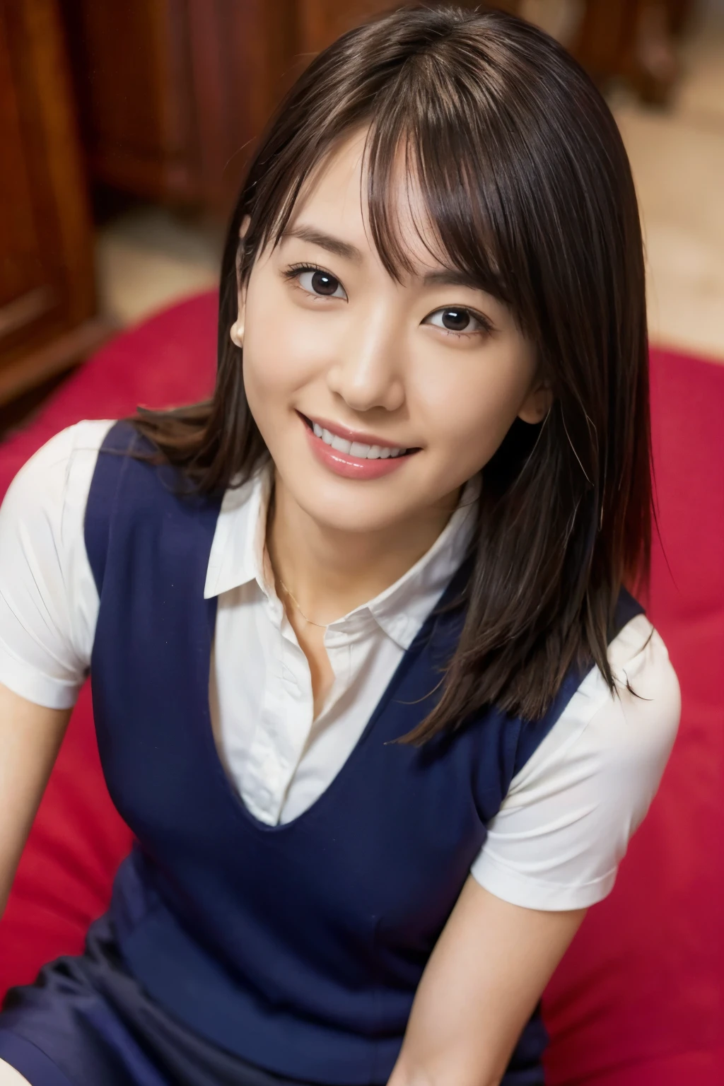 (masterpiece:1.2), Super detailed, ultra high resolution, (realistic, photo realistic:1.37), High resolution raw color photos, professional photos, dramatic lighting, sharp focus:1.2, (Highly detailed face and skin texture, very fine eyes, shiny skin, glowing skin, glowing skin, shining face, luster, oily skin, oily face, oily skin, oily face, 強いluster), perfect anatomy, highly detailed background, 1 female, 30 year old female, japanese woman, (medium hair, straight hair, bangs:1.3, brown hair), (thin:Weight 1.0), (flat chest:1.3),, office lady, a working woman、(((suit、tight navy vest, collared short sleeve shirt, pencil skirt, stockings))), full body shot, sitting on the desk、 ((office room)), attractive face, naïve eyes, (smile:1.3), reach the audience, offside looking up, look at the audience, shoot from above, Floor seen from above:1.3, NSFW