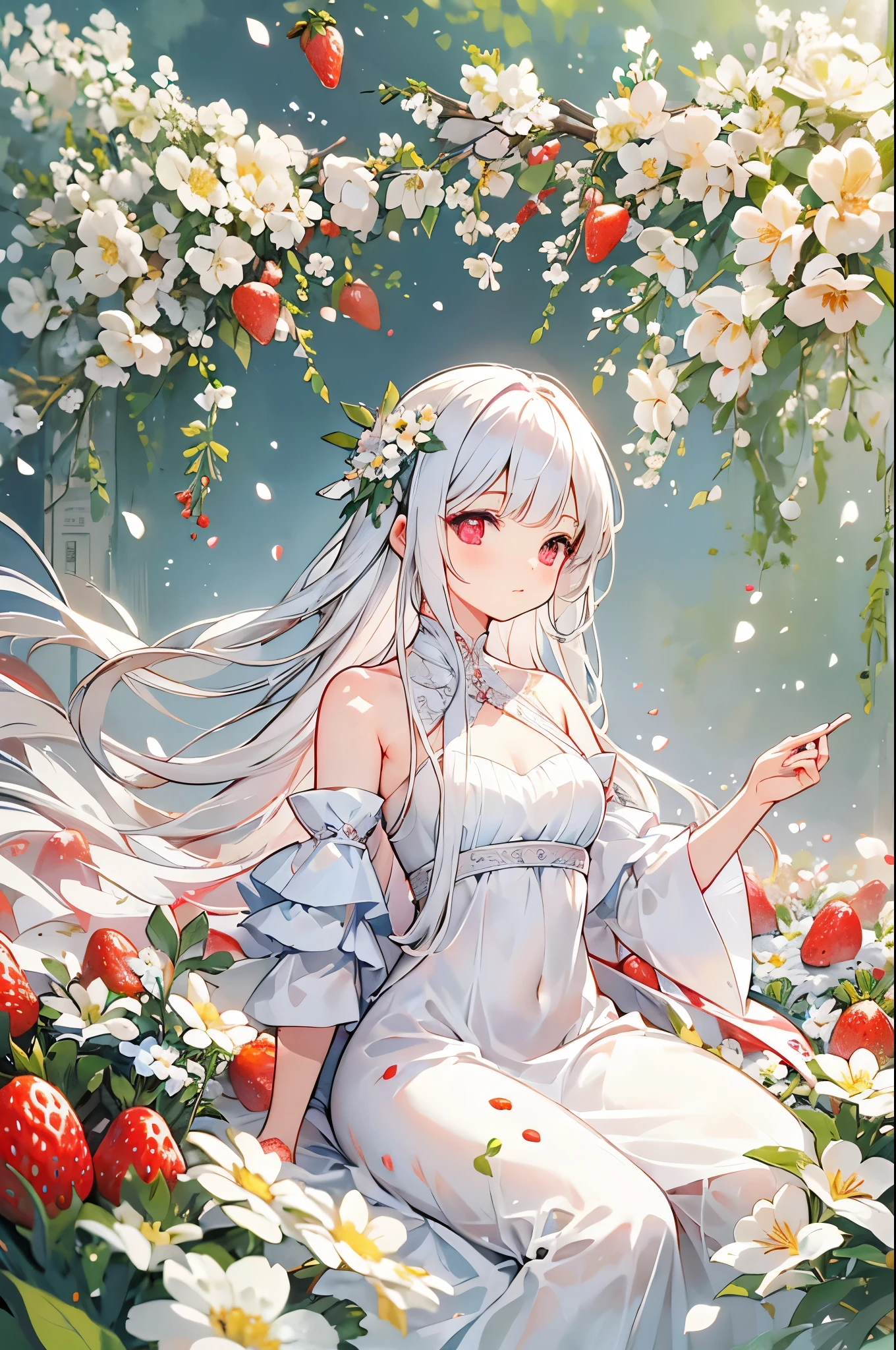 (best quality, high resolution, masterpiece:1.2), a vibrant, Detailed lips, delicate eyes, Realistic lighting, female love, Lively, meadow background, solitary figure, strawberries, white flower petals, pink eyes, long white hair, strawberry field, beautiful meadow, cute face, perfect face, strawberry, eating small strawberry, sexy body, woman, large breasts, small dress, sexy dress, white dress, innocent woman