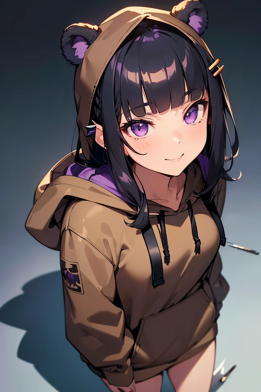 1 girl, , UHD, retina, masterpiece, Accurate, anatomically correct, rough skin, Super detailed, advanced details, high quality, Award history, 最high quality, High resolution, hd, 4k,(anime,8K,masterpiece, 最high quality, 最high quality,beautiful and aesthetic:1.2,professional illustration:1.1,Super detailed:1.3,perfect lighting),very detailed,most detailed,High resolution,cute pose,(black hair:1.5),wince,(looking down from above:1.5), (bear ear hoodie:1.5),(put on a hood:1.9),(brown hoodie:1.5),Impish Smile,(hair pin:1.9),(blunt bangs:1.5),(purple eyes:1.5),(small breasts)