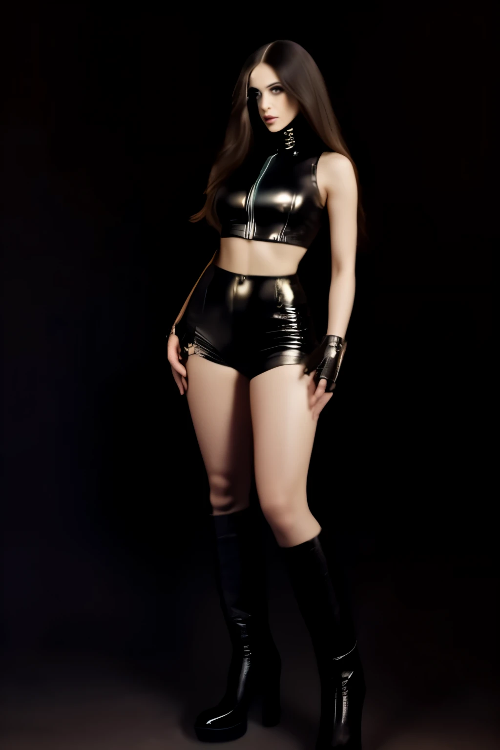 ((1 girl, 22 y.o, Masterpiece, best quality, cinematic lighting, 8k, full body shot, long hair, hourglass body)), (smile:0.85), (realistic background:1.2)
black latex crop top, sleeveless, zipper, midriff, shorts, toned body, latex boots, gothic aesthetic