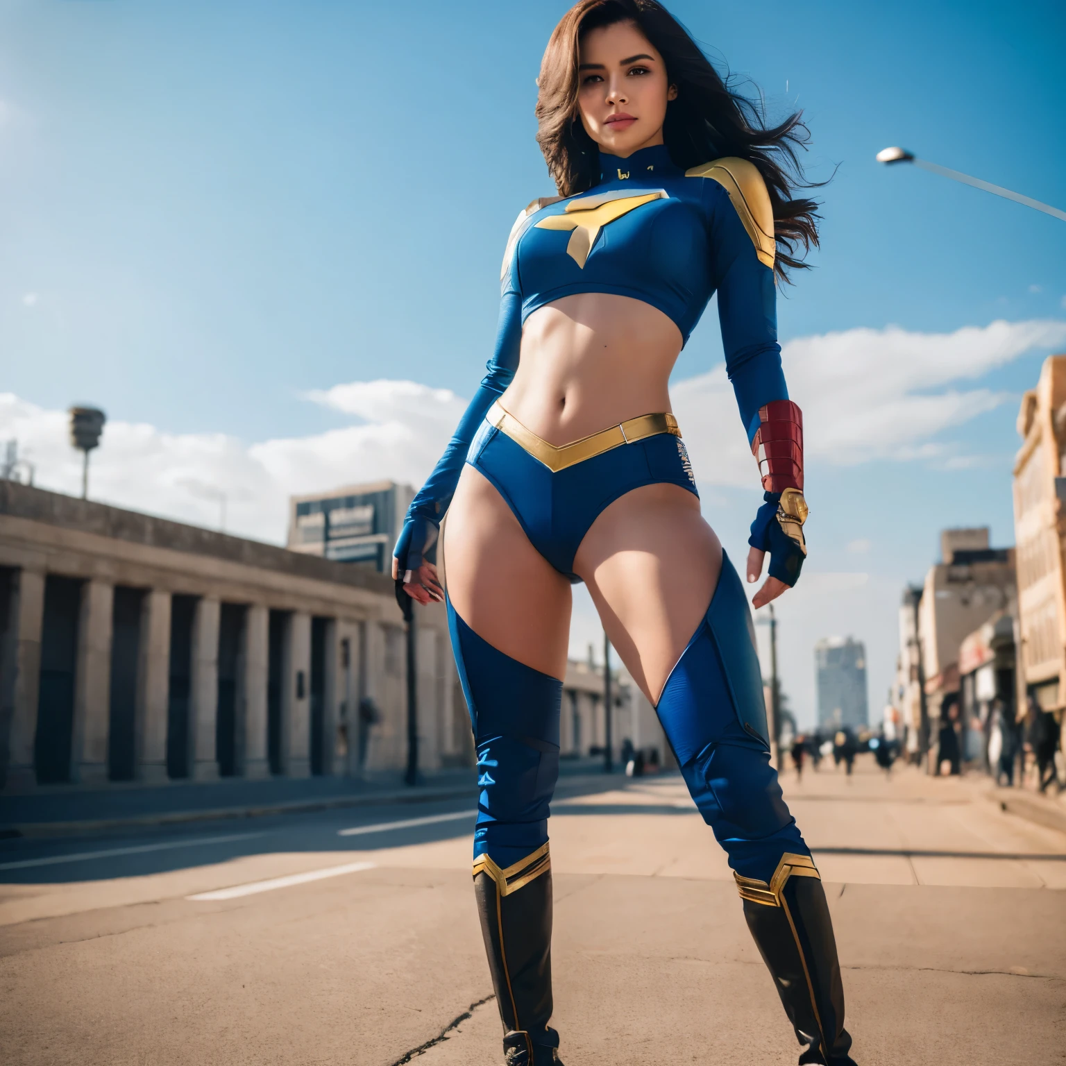 show me a marvel themed super hero that would represent the ((country brazil)), the character should be female, she should be show casing her powers in public 8k camera shot