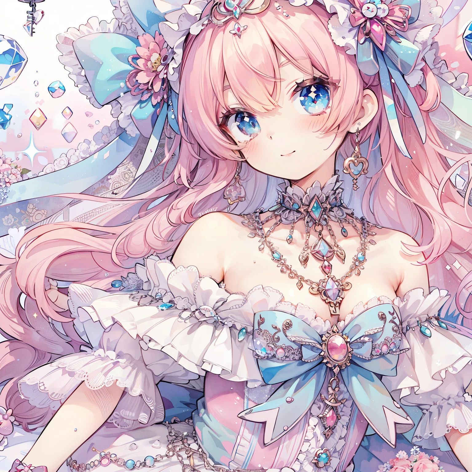 a close up of a girl with a chain around her neck, portrait of magical lolita girl, portrait of magical girl, sparkling magical girl, detailed anime art, detailed digital anime art, detailed key anime art, detailed anime artwork, high detailed official artwork, cute detailed digital art, splash art anime , beautiful anime art, kawaii realistic portrait, pastel watercolor anime、A smiling young lady wearing a fairy-tale-like dress with fantasy designs, frills, jewels, and ribbons.、headdress、Gothic Lolita、Stardust Diamond