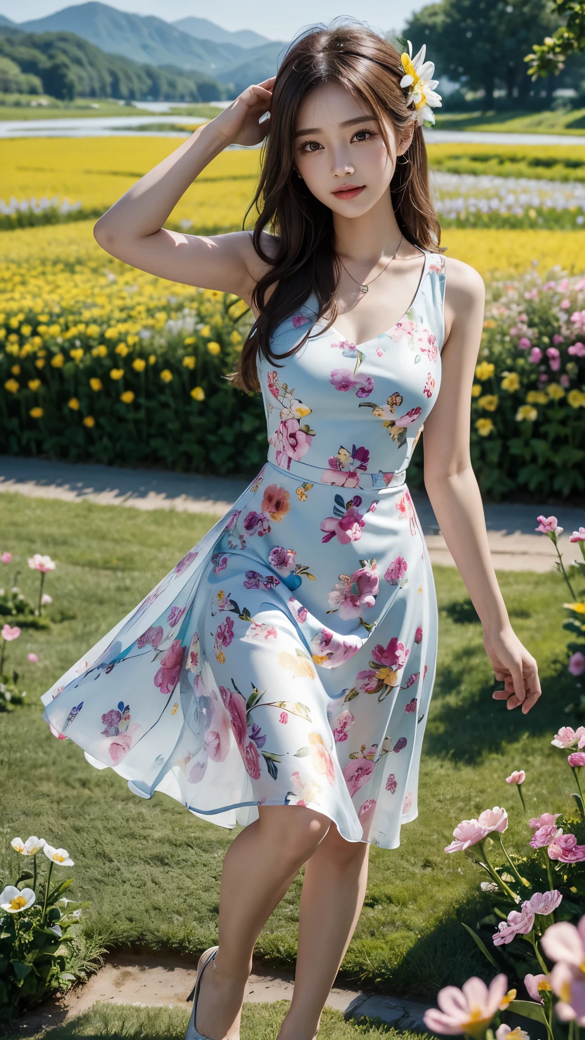 22 years Beautiful korean Girl, masterpiece, best quality, official art, extremely detailed CG unity 8k wallpaper, Ray Tracing, highly detailed, absurdres, Panorama, Depth of field, telephoto lens, angel, looking afar, looking to camera man, in spring, sunset, rainbow, (((flower field))), (((flower sea))), Tyndall effect, 100% Realistic, ((Realistic)), (paper figure),((impasto)),(shiny skin), (water color),bloom effect,detailed beautiful grassland with petal,flower,butterfly,necklace,smile,petal, ((Kukombo Sweet Short Party Dress)), ((Dress Women Chic Floral Print Sleeveless Slim Korean Fashion Dress)), ((Hylee Floral Coquette Dress - XS)), Perfect body figure, Beautiful Smile, Cinematic photography, Sexy angles, Stylish poses, 4 Different poses, 64k , high resolution picture quality, very clear body figure, Flowers in hand, Flowers on Hair, Full body shot 