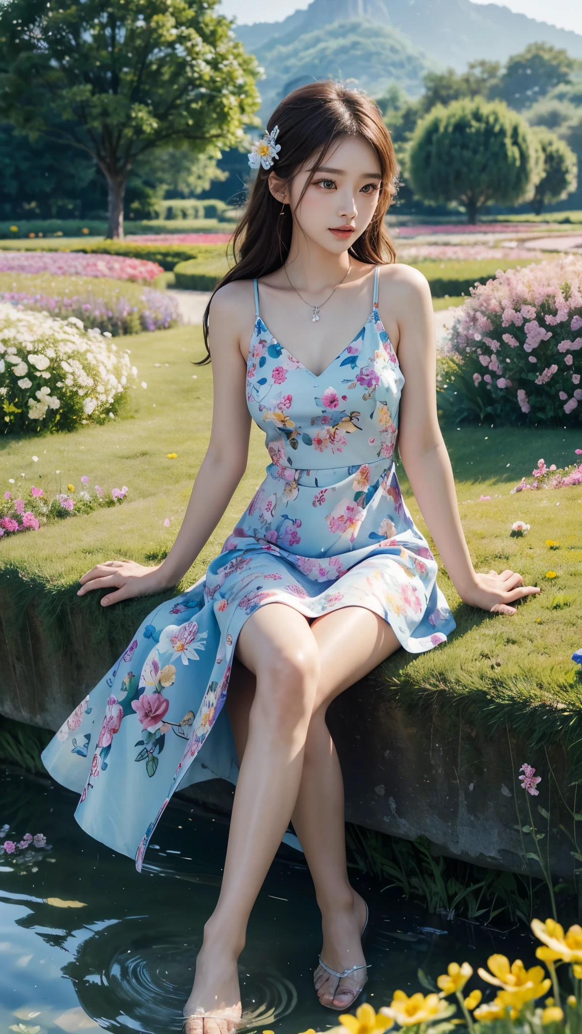 22 years Beautiful korean Girl, masterpiece, best quality, official art, extremely detailed CG unity 8k wallpaper, Ray Tracing, highly detailed, absurdres, Panorama, Depth of field, telephoto lens, angel, looking afar, looking to camera man, in spring, sunset, rainbow, (((flower field))), (((flower sea))), Tyndall effect, 100% Realistic, ((Realistic)), (paper figure),((impasto)),(shiny skin), (water color),bloom effect,detailed beautiful grassland with petal,flower,butterfly,necklace,smile,petal, ((Kukombo Sweet Short Party Dress)), ((Dress Women Chic Floral Print Sleeveless Slim Korean Fashion Dress)), ((Hylee Floral Coquette Dress - XS)), Perfect body figure, Beautiful Smile, Cinematic photography, Sexy angles, Stylish poses, 4 Different poses, 64k , high resolution picture quality, very clear body figure, Flowers in hand, Flowers on Hair, Full body shot 