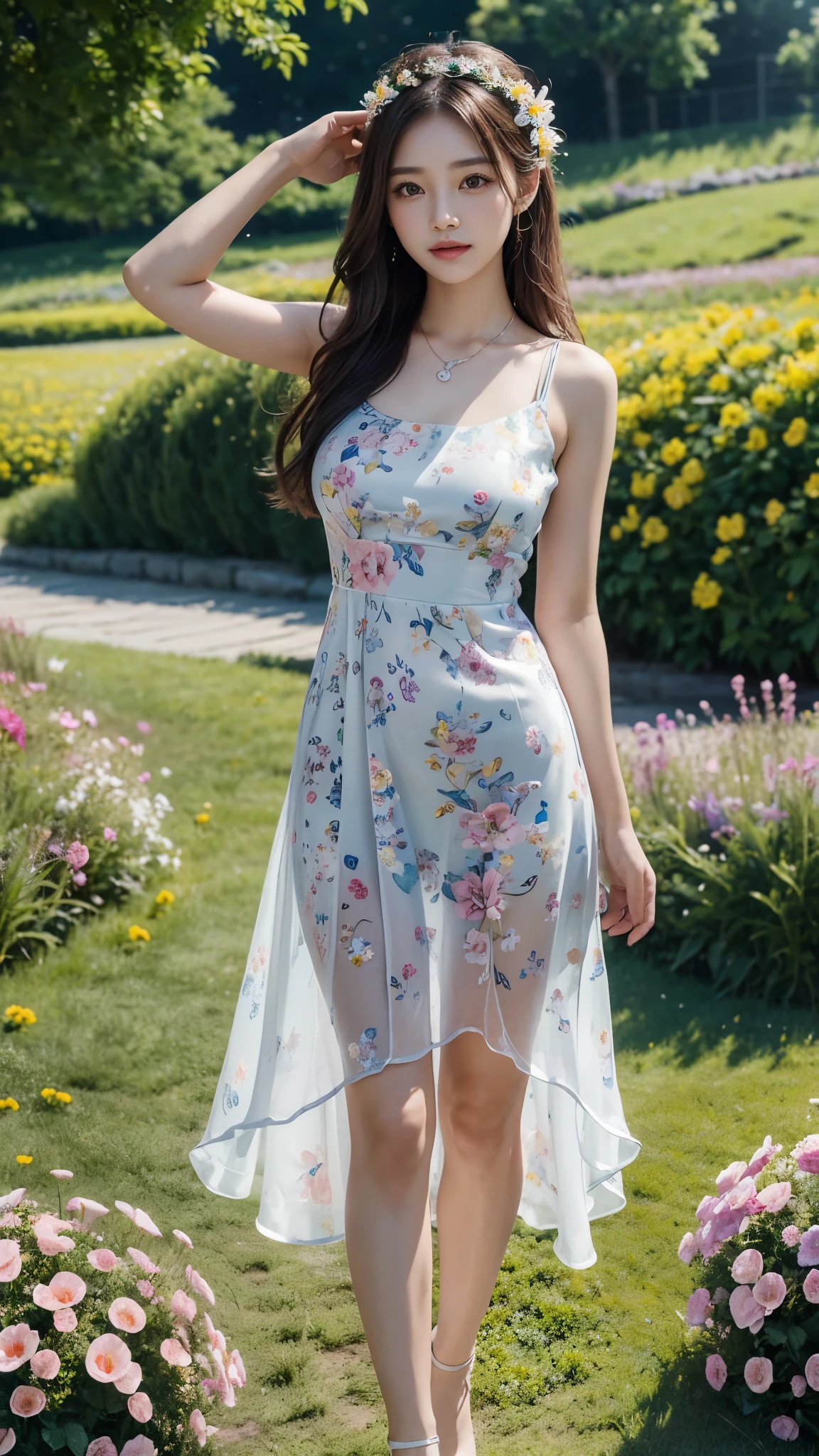 22 years Beautiful korean Girl, masterpiece, best quality, official art, extremely detailed CG unity 8k wallpaper, Ray Tracing, highly detailed, absurdres, Panorama, Depth of field, telephoto lens, angel, looking afar, looking to camera man, in spring, sunset, rainbow, (((flower field))), (((flower sea))), Tyndall effect, 100% Realistic, ((Realistic)), (paper figure),((impasto)),(shiny skin), (water color),bloom effect,detailed beautiful grassland with petal,flower,butterfly,necklace,smile,petal, ((Kukombo Sweet Short Party Dress)), ((Dress Women Chic Floral Print Sleeveless Slim Korean Fashion Dress)), ((Hylee Floral Coquette Dress - XS)), Perfect body figure, Beautiful Smile, Cinematic photography, Sexy angles, Stylish poses, 4 Different poses, 64k , high resolution picture quality, very clear body figure, Flowers in hand, Flowers on Hair, Full body shot 