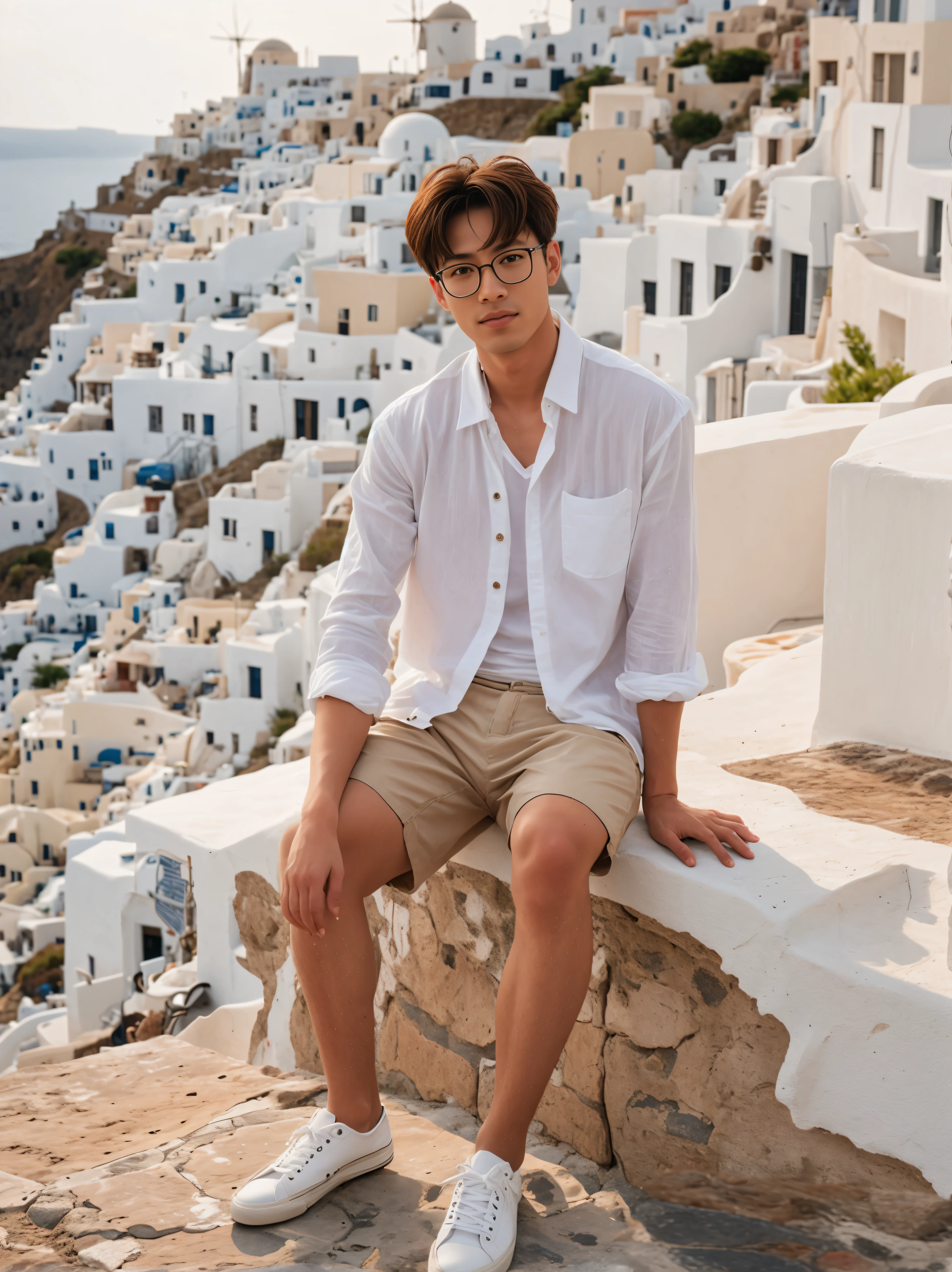 arafed man sitting on a ledge with a view of a town, wearing a linen shirt, young greek man, wearing white clothes, lean man with light tan skin, south korean male, wearing a white button up shirt, white wrinkled shirt, mid shot portrait, mixed art, portrait shot, vacation photo, asian male, handsome man, in santorini island