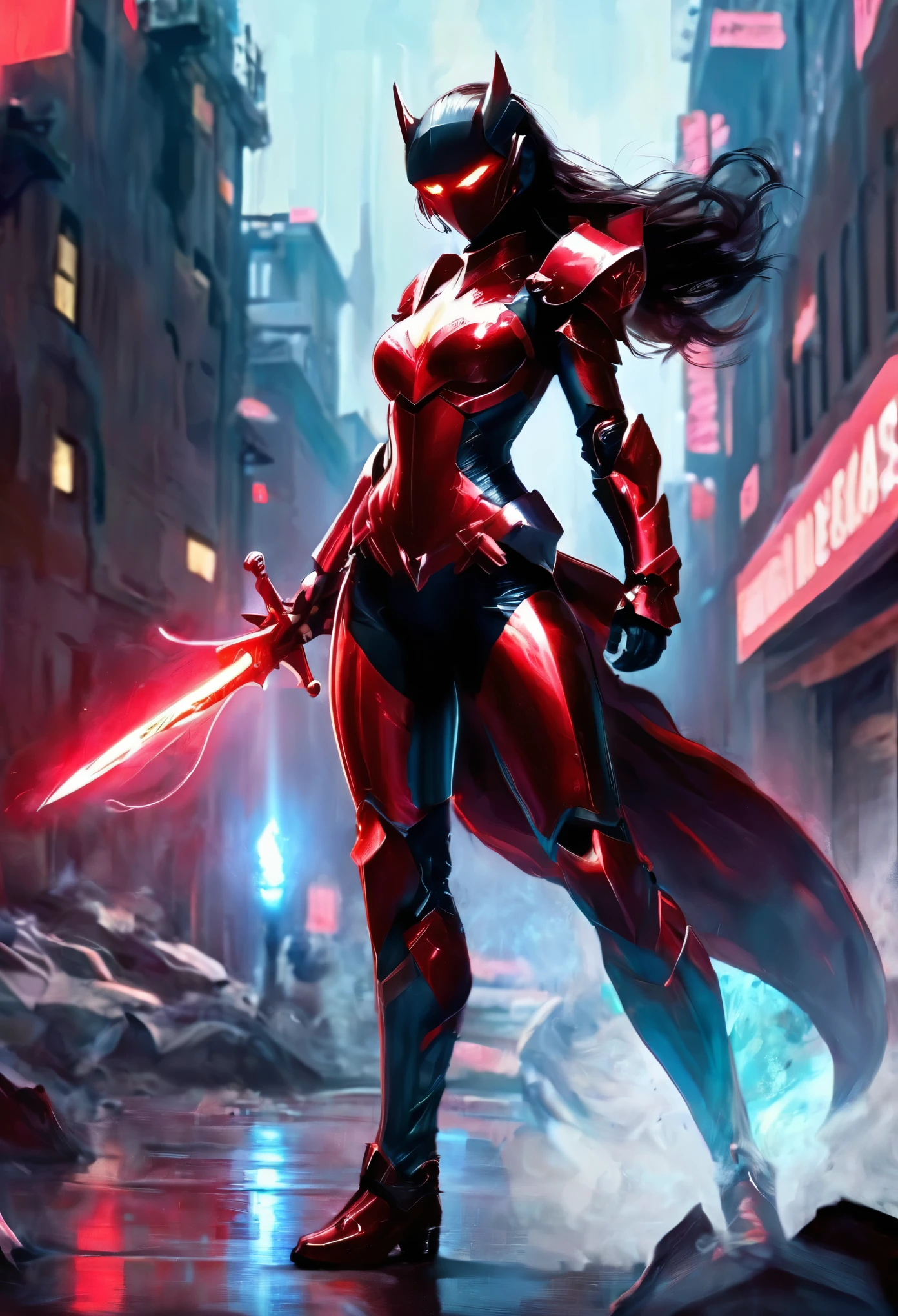 (obra maestra,Mejor calidad: 1.2),(cara ultra detallada),(sin equipo para la cabeza),Su armadura brilla de color rojo,Neon city lights dance on mechanical surfaces. Complex cybernetics gives him motor power with inhuman speed and strength.. She walked silently down the lower level., The alleys are bathed in the crimson glow of his futuristic suit.. Ella sostiene una espada larga vibrante en su mano., Sus bordes zumban,plasma, Prepare to do justice.. Ella es la guardiana de la ciudad., Aunque pocas personas saben su nombre. The criminal whispered rumors about the Crimson Knight., A cybernetically enhanced warrior who swears to protect the innocent... They talked about his inhuman reaction and his fiery sword that pierced any defense... How she emerged from the shadows, Blurry red color brings quick judgment.. esta noche,Their sensors discovered that injustice was brewing once again on these lawless streets..。. Cuando la ciudad duerme, Only she is vigilant., Los centinelas silenciosos miran. Your cyber system began to target the threat.,Because she is willing to fight for those who cannot defend themselves.. The Crimson Knight is ready, Justice will be resolved quickly tonight.large size breasts(1.9)