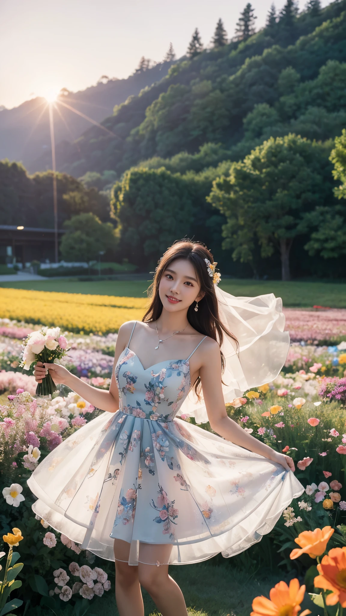 22 years Beautiful korean Girl, masterpiece, best quality, official art, extremely detailed CG unity 8k wallpaper, Ray Tracing, highly detailed, absurdres, Panorama, Depth of field, telephoto lens, angel, looking afar, looking to camera man, in spring, sunset, rainbow, (((flower field))), (((flower sea))), Tyndall effect, 100% Realistic, ((Realistic)), (paper figure),((impasto)),(shiny skin), (water color),bloom effect,detailed beautiful grassland with petal,flower,butterfly,necklace,smile,petal, ((Simple Sparkling A-Line Wedding Party Dresses Sweetheart Tulle Mini Homecoming Gown Party Dress)), ((Dress Women Chic Floral Print Sleeveless Slim Korean Fashion Dress)), ((Hylee Floral Coquette Dress - XS)), Perfect body figure, Beautiful Smile, Cinematic photography, Sexy angles, Stylish poses, 4 Different poses, 64k , high resolution picture quality, very clear body figure, Flowers in hand, Flowers on Hair, Full body shot