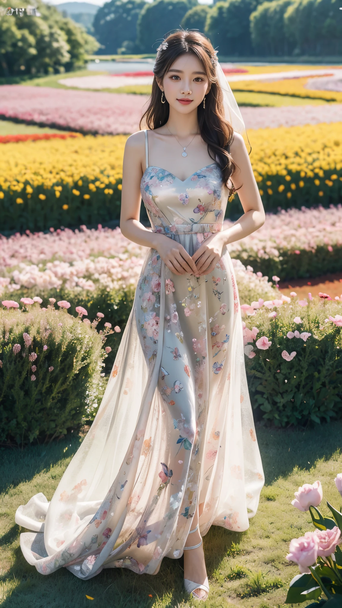 22 years Beautiful korean Girl, masterpiece, best quality, official art, extremely detailed CG unity 8k wallpaper, Ray Tracing, highly detailed, absurdres, Panorama, Depth of field, telephoto lens, angel, looking afar, looking to camera man, in spring, sunset, rainbow, (((flower field))), (((flower sea))), Tyndall effect, 100% Realistic, ((Realistic)), (paper figure),((impasto)),(shiny skin), (water color),bloom effect,detailed beautiful grassland with petal,flower,butterfly,necklace,smile,petal, ((Simple Sparkling A-Line Wedding Party Dresses Sweetheart Tulle Mini Homecoming Gown Party Dress)), ((Dress Women Chic Floral Print Sleeveless Slim Korean Fashion Dress)), ((Hylee Floral Coquette Dress - XS)), Perfect body figure, Beautiful Smile, Cinematic photography, Sexy angles, Stylish poses, 4 Different poses, 64k , high resolution picture quality, very clear body figure, Flowers in hand, Flowers on Hair, Full body shot