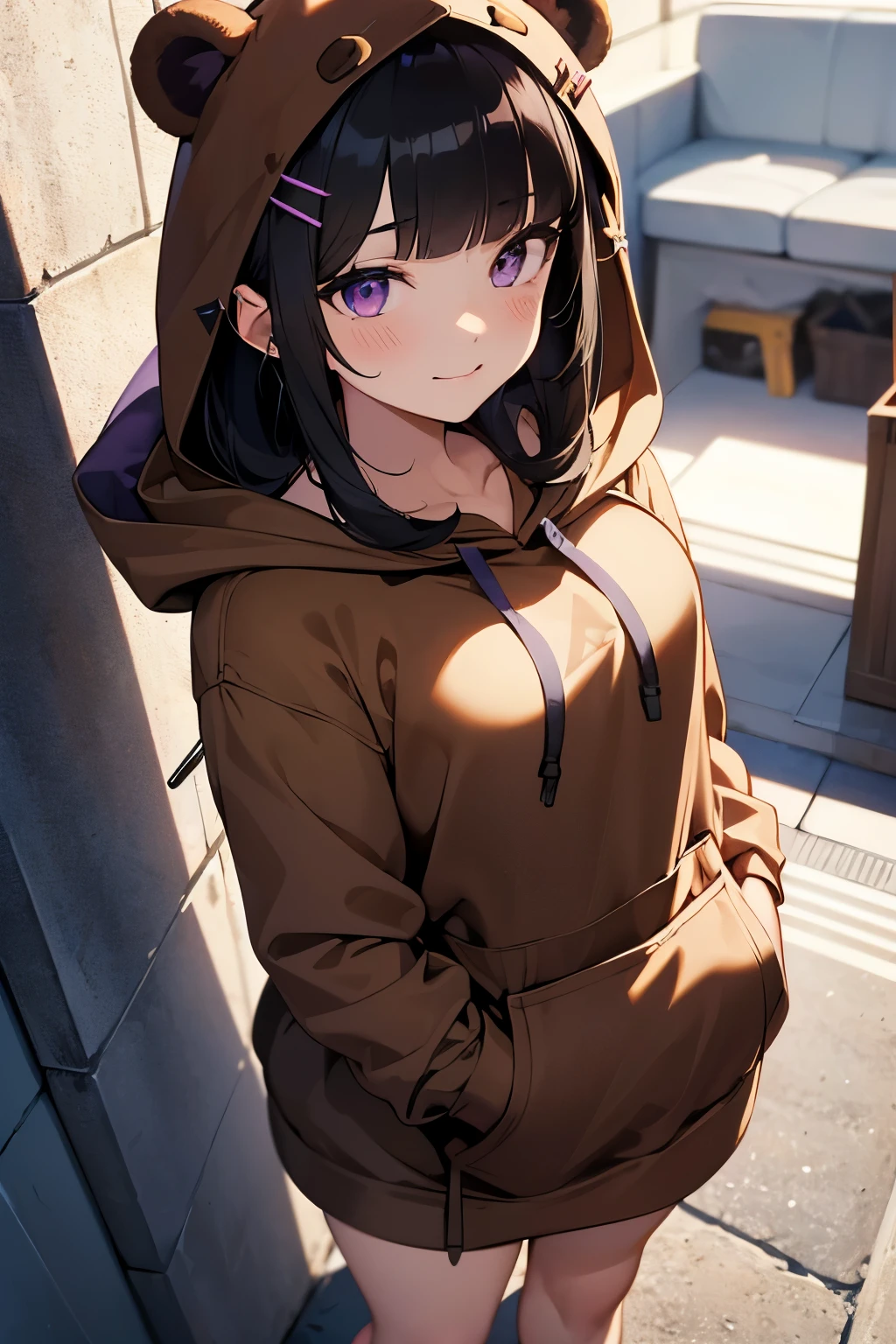 1 girl, , UHD, retina, masterpiece, Accurate, anatomically correct, rough skin, Super detailed, advanced details, high quality, Award history, 最high quality, High resolution, hd, 4k,(anime,8K,masterpiece, 最high quality, 最high quality,beautiful and aesthetic:1.2,professional illustration:1.1,Super detailed:1.3,perfect lighting),very detailed,most detailed,High resolution,cute pose,(black hair:1.5),wince,(looking down from above:1.5), (bear ear hoodie:1.5),(put on a hood:1.9),(brown hoodie:1.9),Impish Smile,(hair pin:1.9),(blunt bangs:1.5),(purple eyes:1.5),(small breasts)