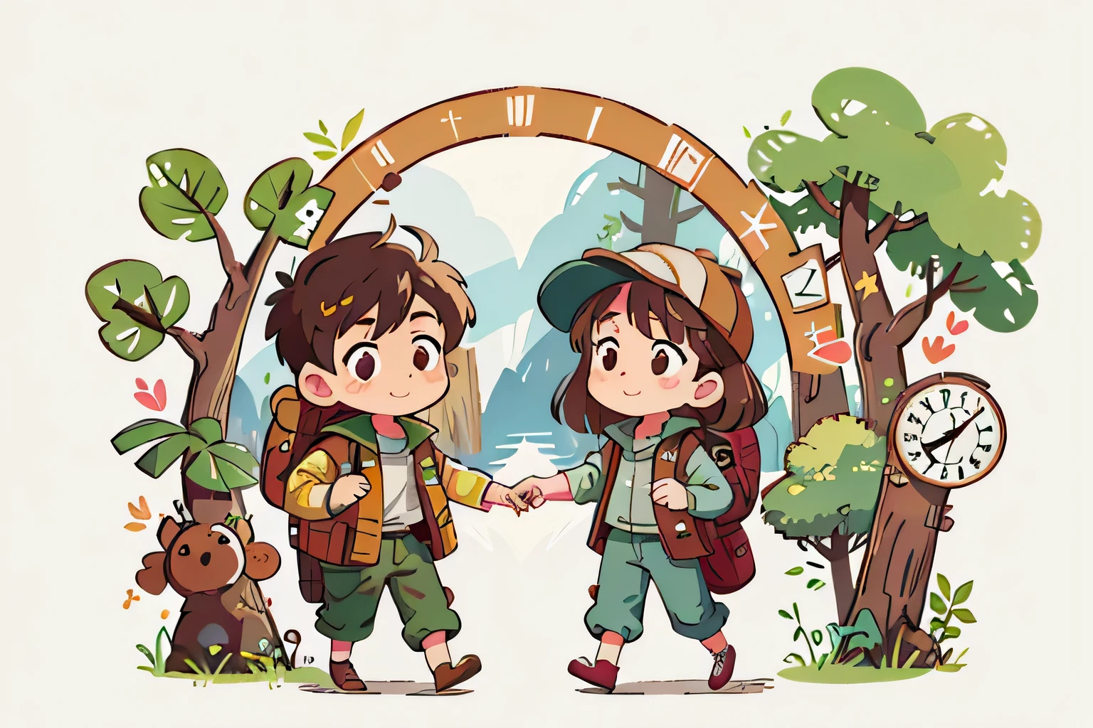 Girl with long brown hair，Put on your adventure suit，（Walking in the forest），holding compass，Carrying a camping backpack（with love）happy，surrounded by clocks，（surrounded by love），O sign，vector，line art，design，inspiration，straight line，RHAD