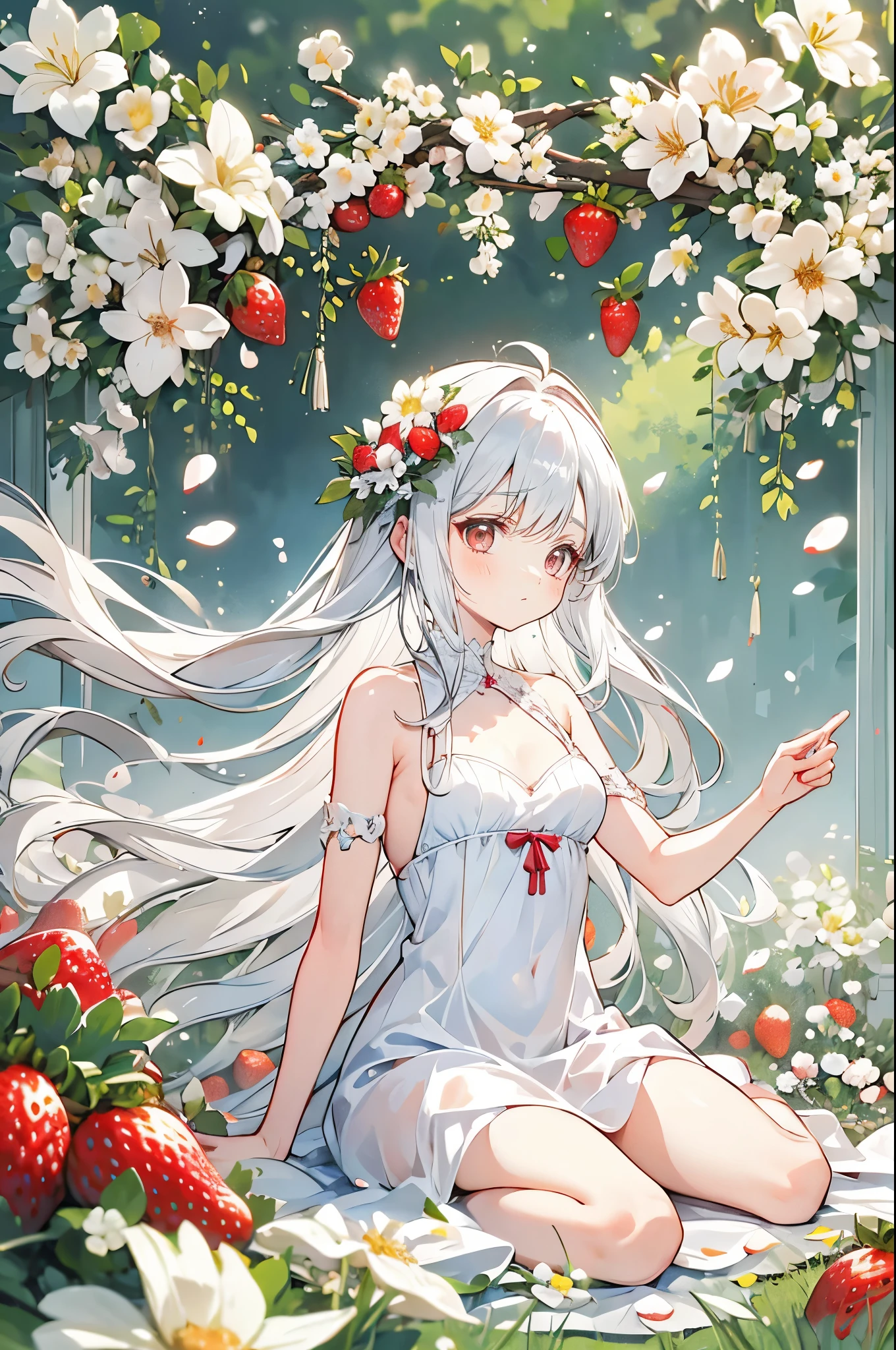 (best quality, high resolution, masterpiece:1.2), a vibrant, Detailed lips, delicate eyes, Realistic lighting, female love, Lively, meadow background, solitary figure, strawberries, white flower petals, pink eyes, long white hair, strawberry field, beautiful meadow, cute face, perfect face, strawberry, eating small strawberry, sexy body, woman, large breasts, small dress, sexy dress, white dress, innocent woman