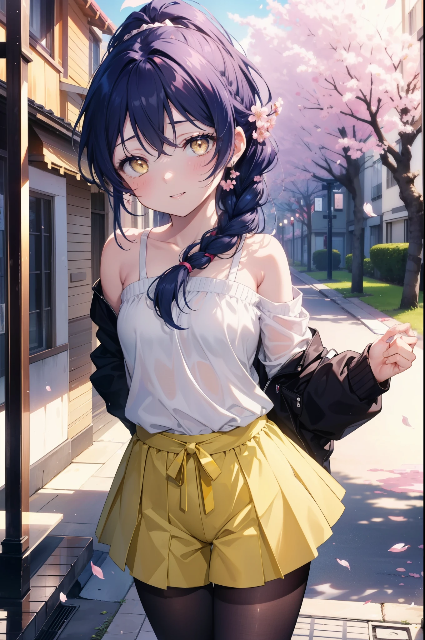 you are so kind, umi sonoda, long hair, blue hair,short braided hair,ponytail, (yellow eyes:1.5) (flat chest:1.2),
smile,blush, open your mouth,Blue oversized sweater,shorts,black pantyhose,white mini boots,walk,Cherry blossom tree-lined path,The cherry blossoms have bloomed,Cherry blossoms are scattered,morning,morning日,the sun is rising, break looking at viewer,whole body,(cowboy shot:1. 5) break outdoors, residential street,
break (masterpiece:1.2), highest quality, High resolution, unity 8k wallpaper, (figure:0.8), (detailed and beautiful eyes:1.6), highly detailed face, perfect lighting, Very detailed CG, (perfect hands, perfect anatomy),