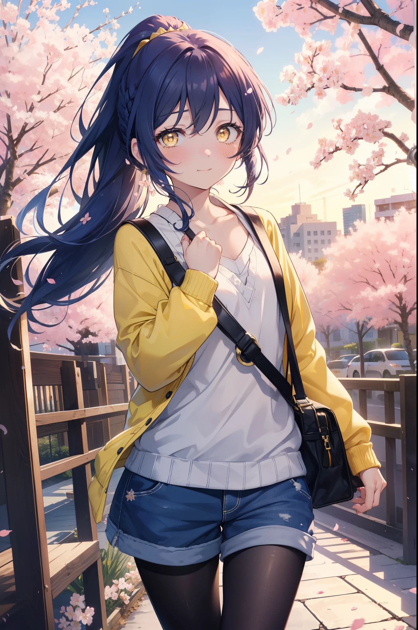 you are so kind, umi sonoda, long hair, blue hair,short braided hair,ponytail, (yellow eyes:1.5) (flat chest:1.2),
smile,blush, open your mouth,Blue oversized sweater,shorts,black hose,white mini boots,walk,Cherry blossom tree-lined path,The cherry blossoms have bloomed,Cherry blossoms are scatt,morning,morning日,the sun is rising, break looking at viewer,whole body,(cowboy shot:1. 5) break outdoors, residential street,
break (masterpiece:1.2), highest quality, High resolution, unity 8k wallpaper, (figure:0.8), (detailed and beautiful eyes:1.6), highly detailed face, perfect lighting, Very detailed CG, (perfect hands, perfect anatomy),