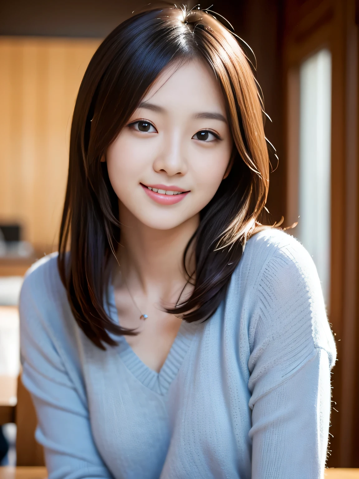 table top, highest quality, figure, Super detailed, finely, High resolution, 8k wallpaper, Perfect dynamic composition figure, detailed and beautiful eyes, winter casual wear,medium hair,small breasts natural color lip, bold sexy pose,smile,Harajuku、20 year old girl、super cute like a model、sexy shot looking at camera