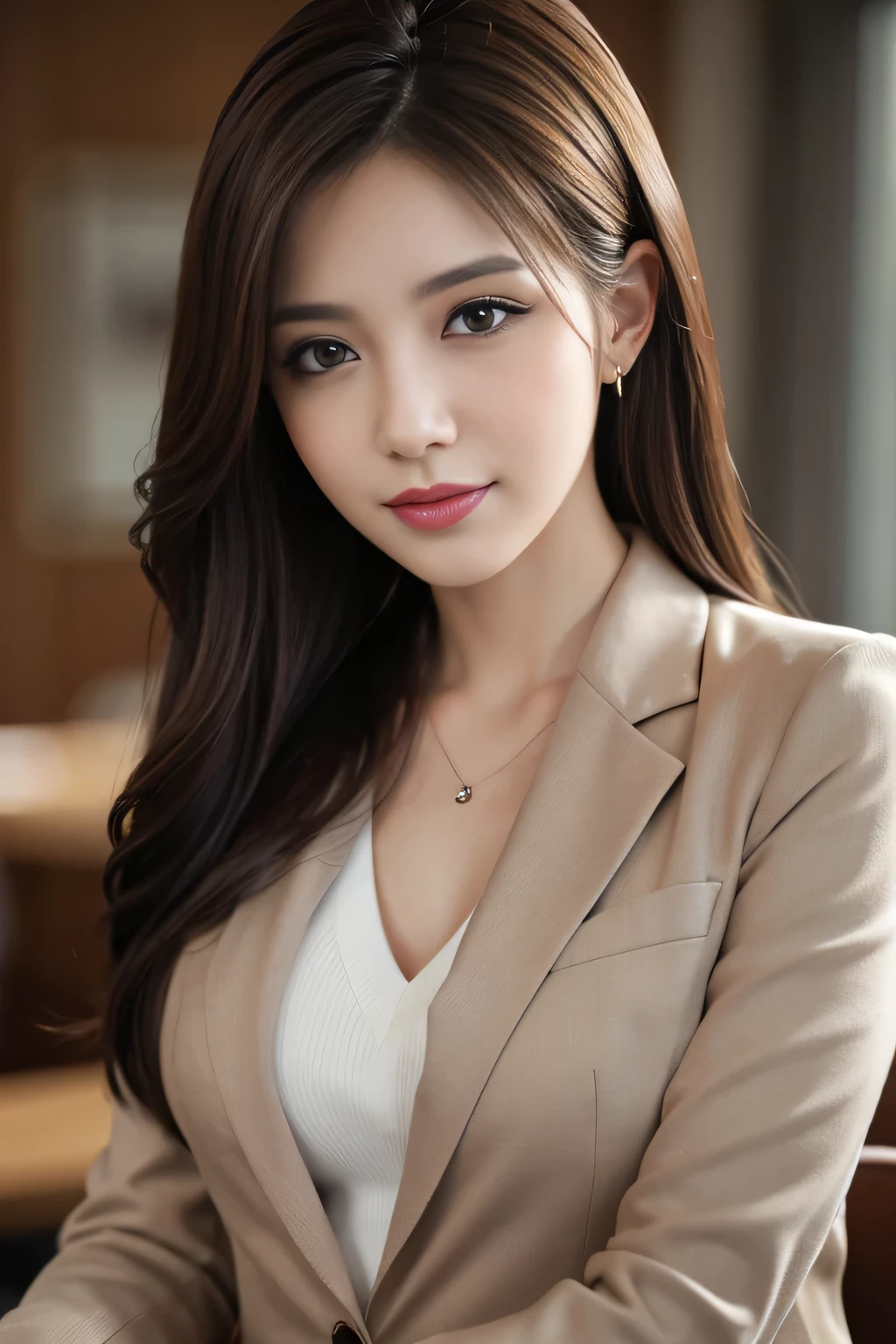 table top, highest quality, realistic, Super detailed, finely, High resolution, 8k wallpaper, 1 beautiful woman,, light brown messy hair, wearing a business suit, sharp focus, perfect dynamic composition, detailed and beautiful eyes, fine hair, Detailed and realistic skin texture, smile, close-up portrait, model body shape