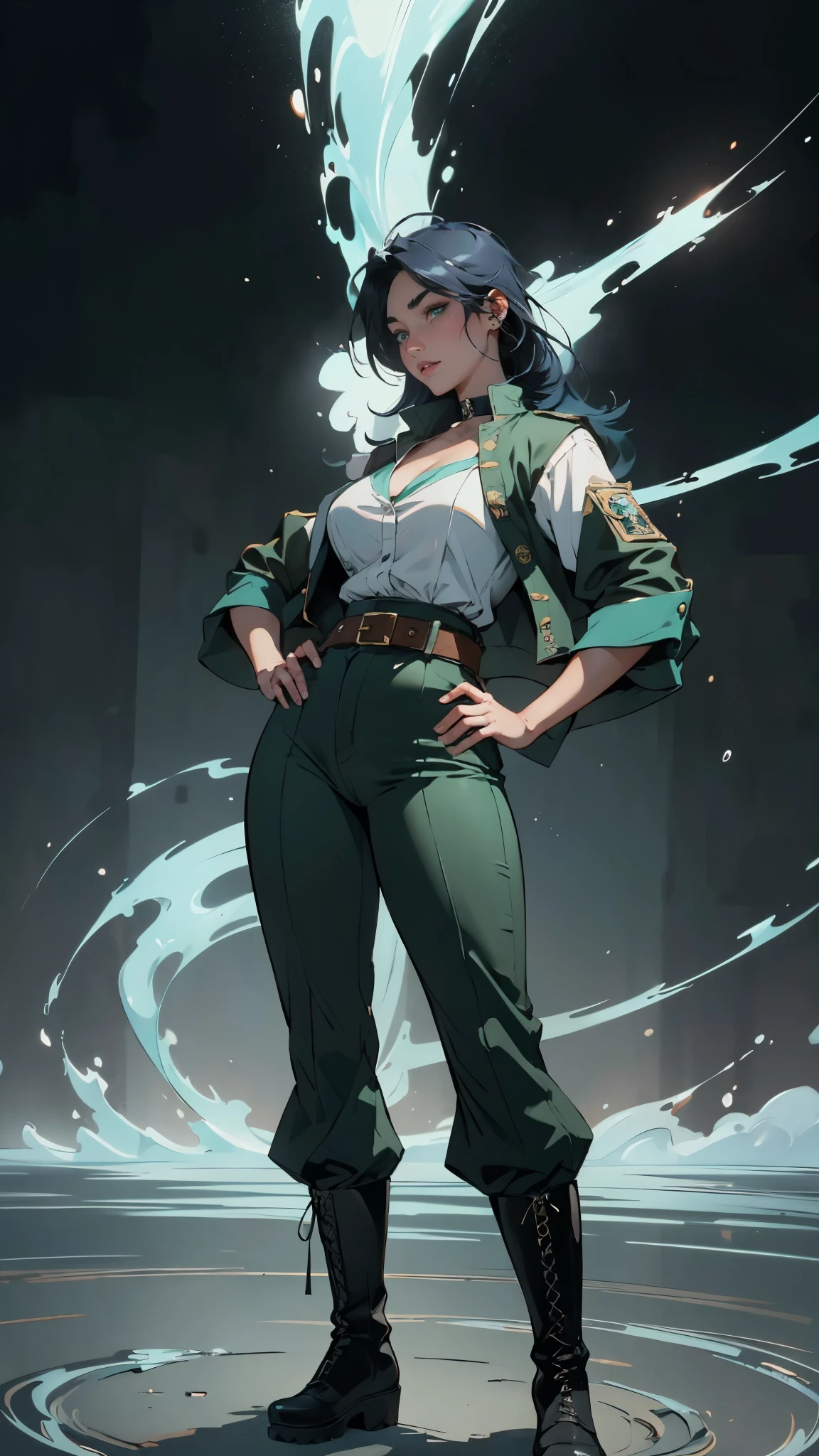 ((A young woman with flowing dark blue hair, long side-swept bangs covering the right side of her face, sharp upward-arched thick eyebrows, large expressive eyes, a delicate oval face, a sensual wide mouth, a mocking expression, a fantasy martial arts-style emerald green short jacket with a high collar, a blue undershirt, rolled-up sleeves, matching fabric pants, a yellow waist belt, leather combat boots, one hand rests on her hip, surrounded by a cyan energy aura, standing in a fantasy style Chinese tavern)), this character embodies a finely crafted a fantasy martial arts heroine in anime style, exquisite and mature manga art style, pale skin, high definition, best quality, highres, ultra-detailed, ultra-fine painting, extremely delicate, professional, anatomically correct, symmetrical face, extremely detailed eyes and face, high quality eyes, creativity, RAW photo, UHD, 32k, Natural light, cinematic lighting, masterpiece-anatomy-perfect, masterpiece:1.5