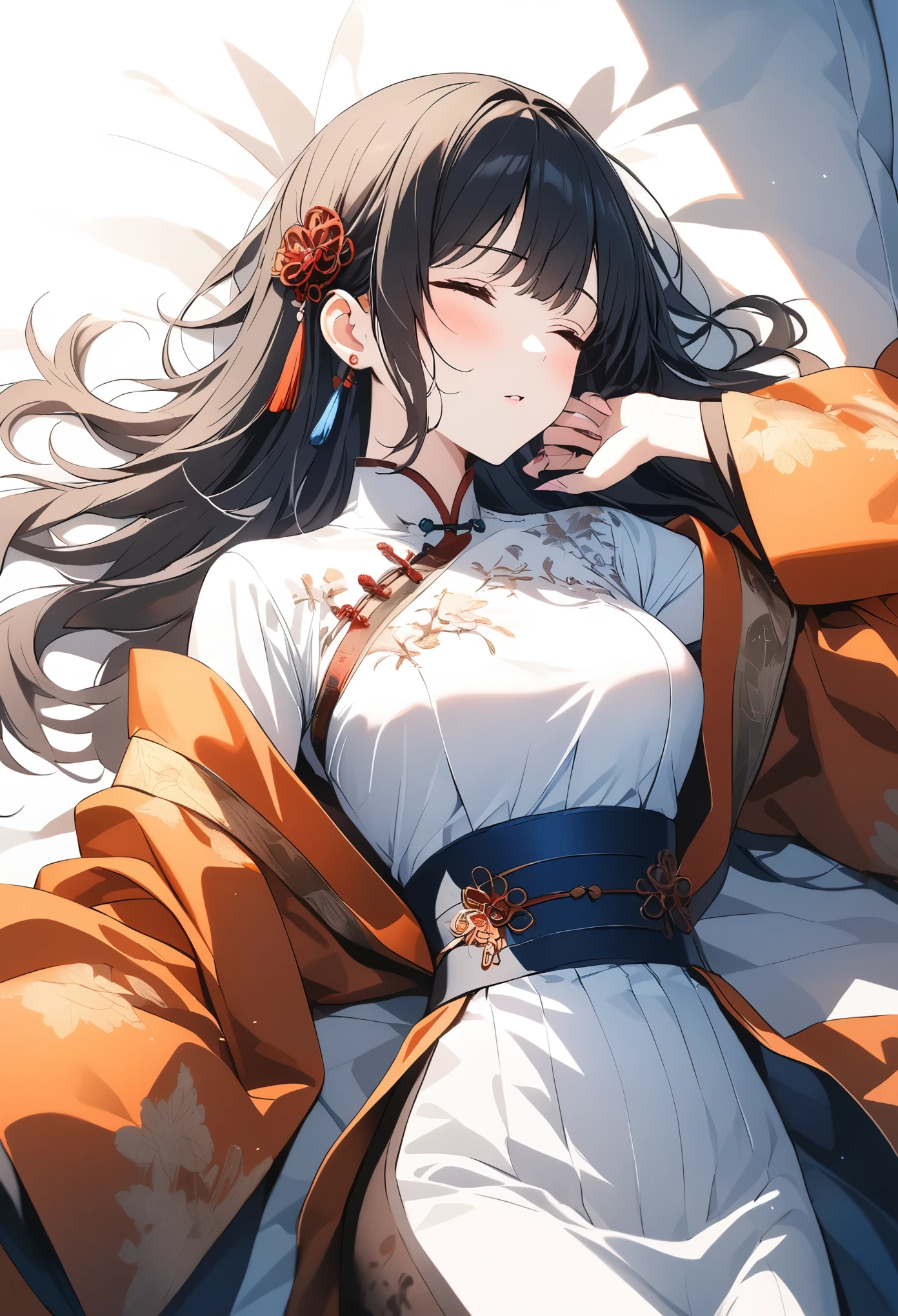 A Chinese beauty wearing an orange and blue gradient Hanfu with embroidery on the chest is lying in bed sleeping. The photo is shot from above at a close range, with ultrahigh definition details, natural light, soft tones, warm colors, elegant movements, delicate skin texture, gorgeous patterns, and stunning visual effects. in the style of natural light.