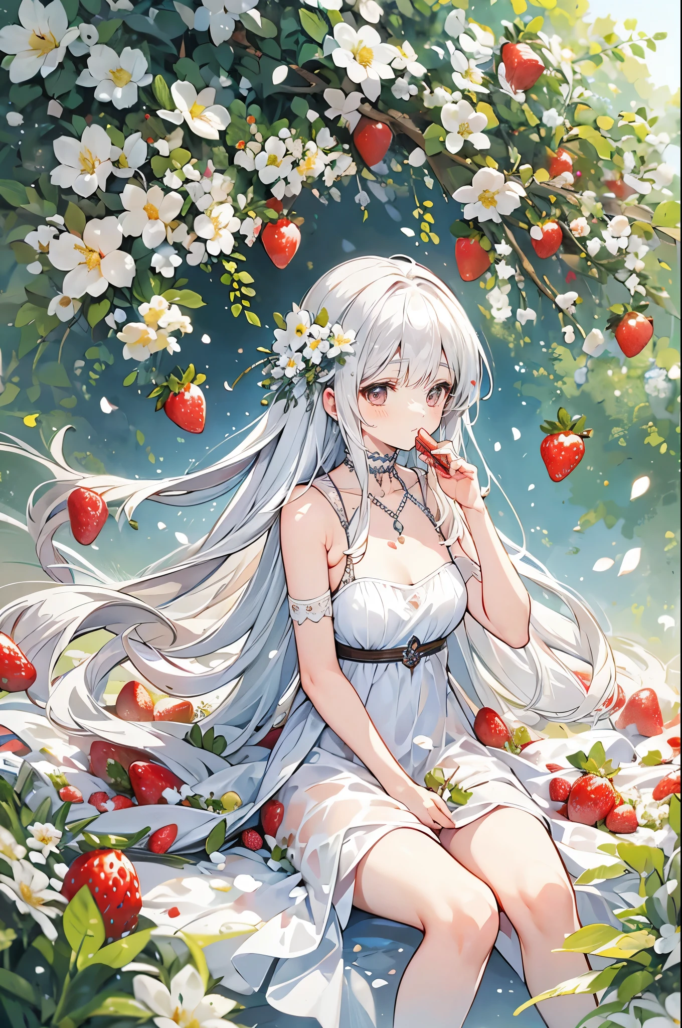 (best quality, high resolution, masterpiece:1.2), a vibrant, Detailed lips, delicate eyes, Realistic lighting, female love, Lively, meadow background, solitary figure, strawberries, white flower petals, pink eyes, long white hair, strawberry field, beautiful meadow, cute face, perfect face, strawberry, eating small strawberry, sexy body, woman, large breasts, small dress, sexy dress, white dress, innocent woman