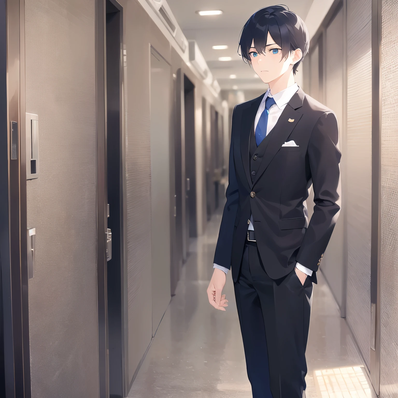 side angle, (lookin away:1.5), masterpiece、highest quality、(25 year old male:1.5) and (black short hair) and (blue eyes), wearing a suit、wearing a white shirt、Wearing a blue tie、Bad mood, The background is an office hallway、(Alone:1.5)、Are standing