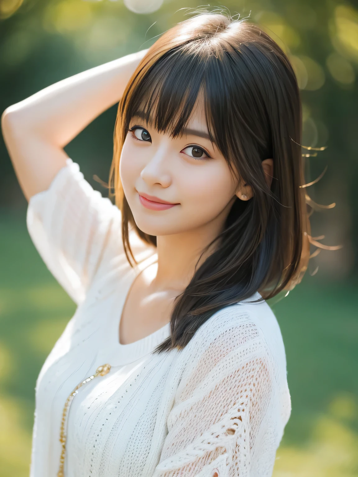 masterpiece, highest quality, 8K, 1 girl, close, close of face, 20 private, cute, alone, arch smile, cute, girly, delicate girl, neat beauty, Raw photo, professional photography, portrait, soft light, professional lighting, Backlight, looking forward to your eyes, Sophisticated, film grain, (Eye and face details:1.0), short length floating hair, beautiful flowing hair, bangs