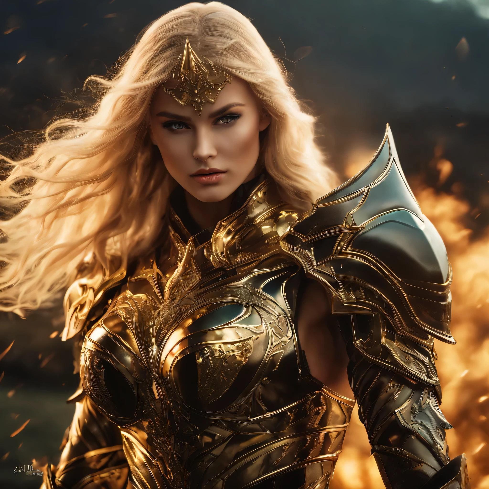 (1girl), wearing a heavy knight armor, dark armor, intricate black and gold armor details, intricate beautiful green fields, legendary, futuristic, saint seiya, long blonde hair, muscular, power pose, highly detailed background, fire in the eyes, aura power, highly detailed