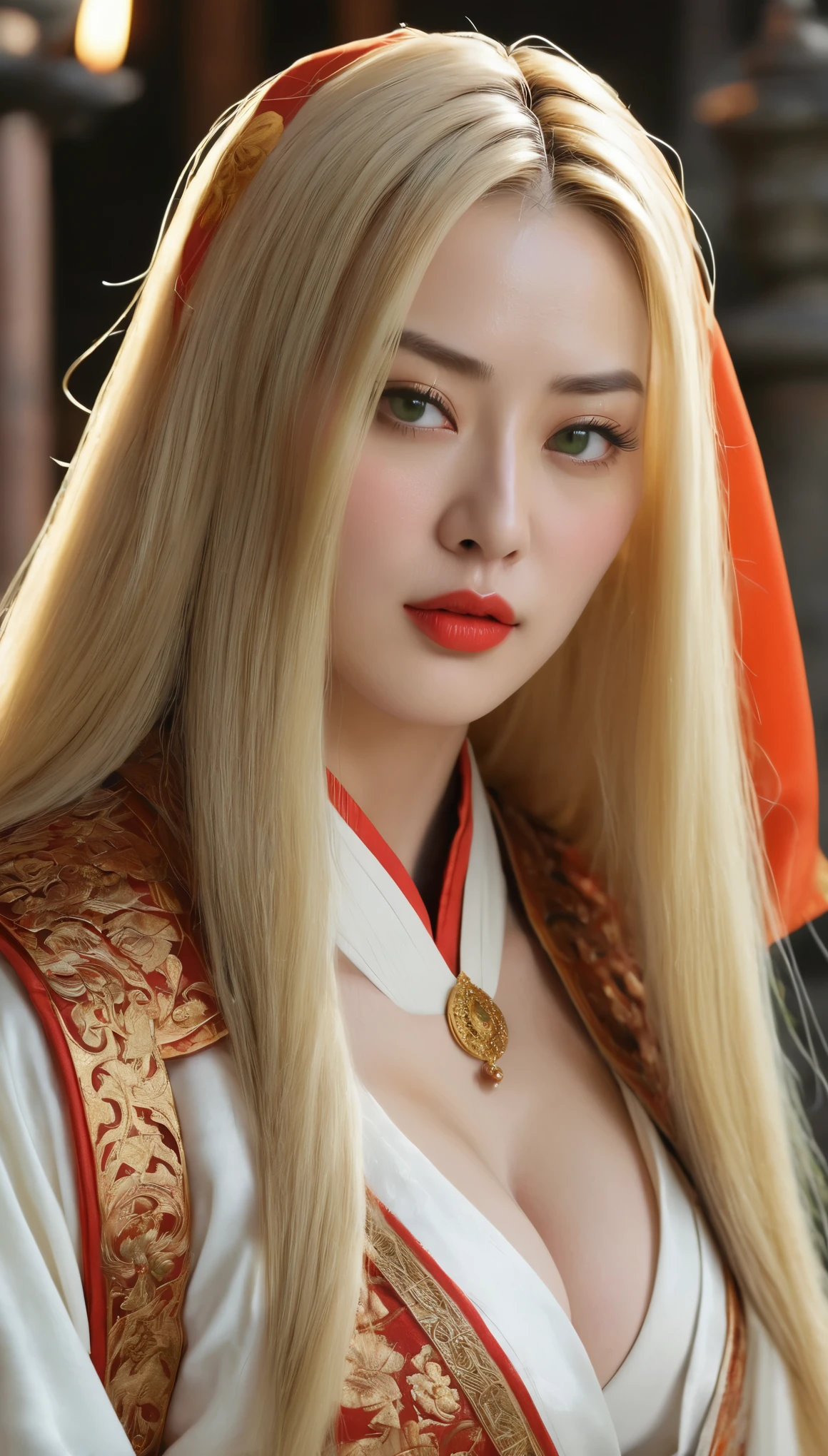 (((hyper real)))、(((30 year old white female monk in ancient Europe)))、(((beautiful female priest))) Mature middle-aged woman、((big big tits)) 、Fine skin texture、beautiful plump middle-aged woman、(fine green eyes)、Blonde fluffy long hair、{(ancient ornate and luxurious temple)、(many torches are burning)}、(((big cleavage)))、big ass、red lips、(((luxurious costumes and luxurious accessories)))、