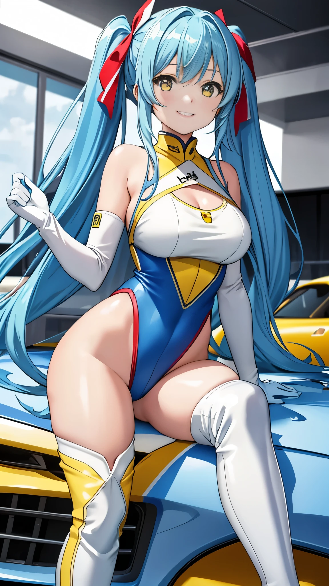 masterpiece,(Super detailed),1 girl, light blue long hair、twin tails、bright smile, packed audience、yellow porsche racing car(whole), Racing Queen, white and red leotard, Two-tone gloves, thigh boots,