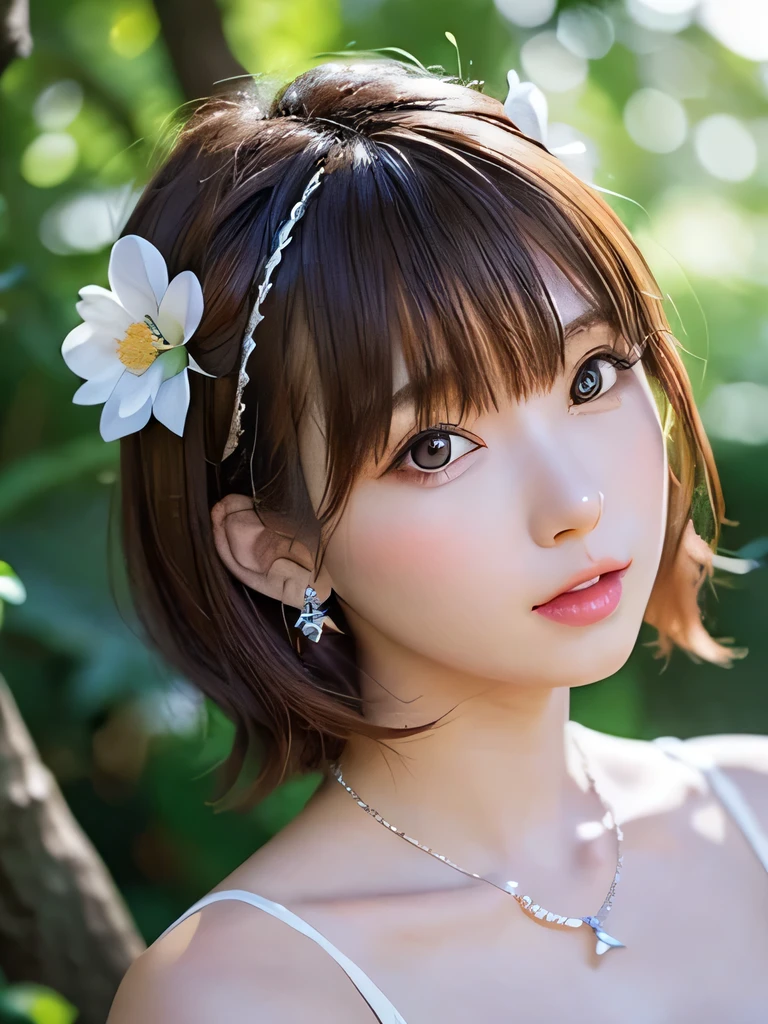masterpiece, highest quality, 16K,enlightenment, Sax Blue, platinum earrings, platinum necklace, white dress, 1 girl, cute, (dynamic lighting:1.2), cinematic lighting, delicate features, detailed eye, sharp pupils, realistic student, in the forest, Bokeh, sharp focus, (super detailed, bloom, shine:1.4), brown eyes、brown hair、she is a tree fairy、forest background、in the forest、headband、Berry Short、