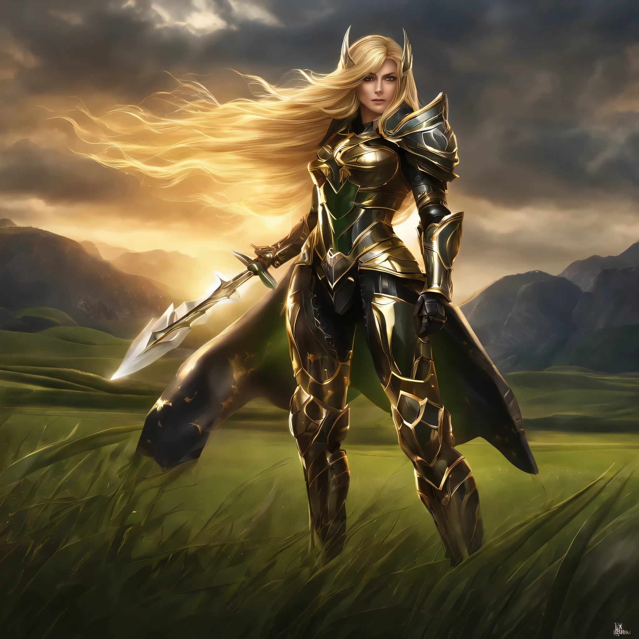(1girl), wearing a heavy knight armor, dark armor, intricate black and gold armor details, intricate beautiful green fields, legendary, futuristic, saint seiya, long blonde hair, muscular, power pose, highly detailed background, fire in the eyes, aura power, highly detailed