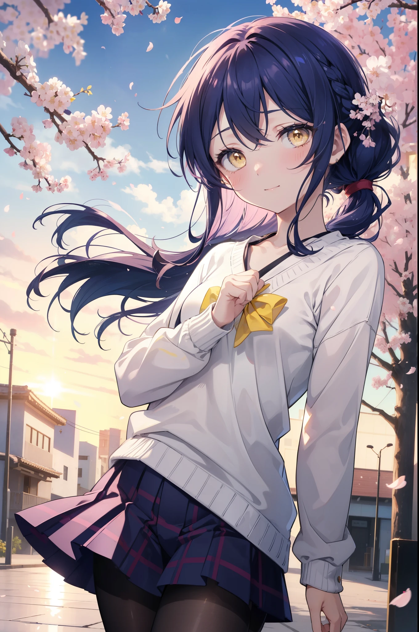 you are so kind, umi sonoda, long hair, blue hair,short braided hair,ponytail, (yellow eyes:1.5) (flat chest:1.2),
smile,blush, open your mouth,Blue oversized sweater,shorts,black pantyhose,white mini boots,walk,Cherry blossom tree-lined path,The cherry blossoms have bloomed,Cherry blossoms are scattered,morning,morning日,the sun is rising, 　　　　　　　　　　break looking at viewer,whole body,(cowboy shot:1. 5)　　　　　　　　 　　　　　　　　　　break outdoors, residential street, 
break (masterpiece:1.2), highest quality, High resolution, unity 8k wallpaper, (figure:0.8), (detailed and beautiful eyes:1.6), highly detailed face, perfect lighting, Very detailed CG, (perfect hands, perfect anatomy),