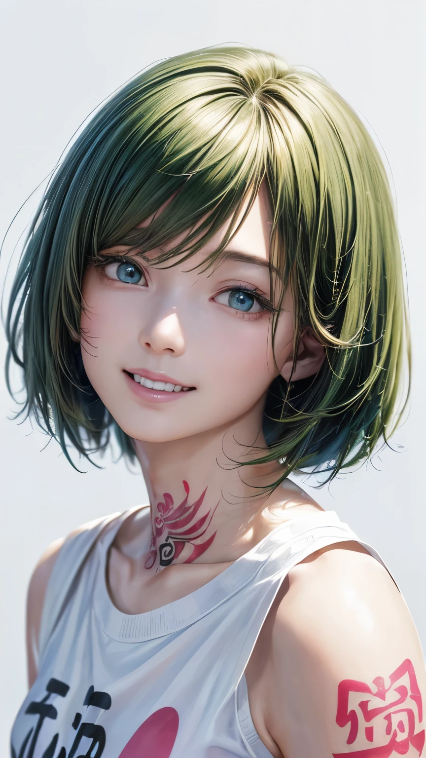 (highest quality、8K、32k、masterpiece)、(realistic)、(Photoreal:1.2)、(High resolution)、Super detailed、very beautiful face and eyes、1 girl、round and small face、thin waist、delicate body、(close、highest quality、high detail、Rich skin details)、(highest quality、8K、oil paint:1.2)、Super detailed、(realistic、realistic:1.37)、bright colors、(((i have green hair)))、(((bust shot)))、(((bob hair)))、(((smile)))、(((pure white wall background)))、(((pure white wall background)))、(((He has a sad expression on his face.)))、(((Teeth are visible)))、(((Wearing a pink T-shirt)))、(((This is a T-shirt with English letters on the chest...)))、(((look straight ahead)))、(((the skirt is short)))、、(((I&#39;m touching my head with my right hand)))、(((You can see the kanji tattoo on the chest)))、(((I have a tattoo)))