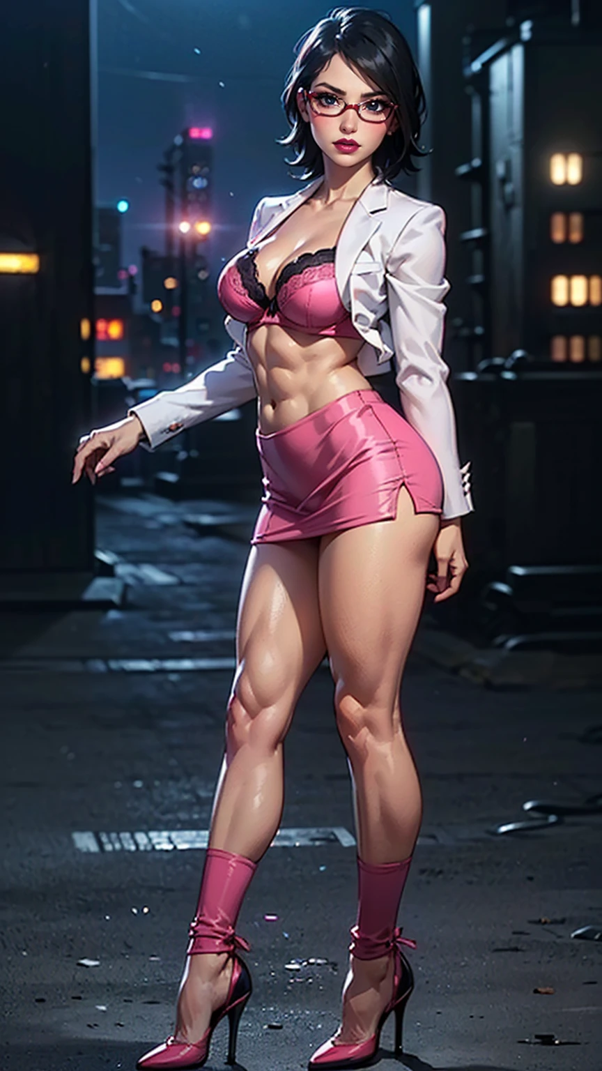 (1girl, solo, alone), (WakatsukiRisa, Sarada Uchiha, black hair, short hair, black eyes, red glasses), ((solo, (1woman, pink lipstick, black eyes), Extremely detailed, ambient soft lighting, 4k, perfect eyes, a perfect face, perfect lighting, a 1girl)), ((fitness, muscular, shapely body, athletic body, toned body)), ((in the darkness, deep shadow, cute girl, ((Looking at Viewer)), wave, cityscape, (background is blurred), (Looking at Viewer:1.3), white bra, ((Blue Business Suit)), (Blue tight mini skirt), (short blue blazer), (high heels:1.5), (legs are open to the left and right: 1.5), Standing in honor, (stand up)))