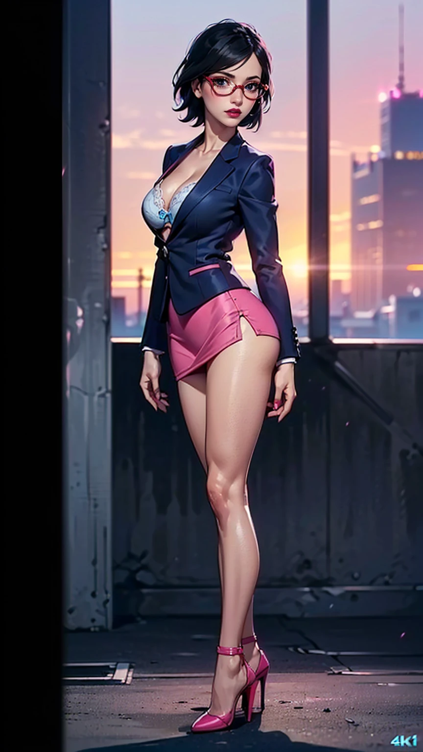 (1girl, solo, alone), (WakatsukiRisa, Sarada Uchiha, black hair, short hair, black eyes, red glasses), ((solo, (1woman, pink lipstick, black eyes), Extremely detailed, ambient soft lighting, 4k, perfect eyes, a perfect face, perfect lighting, a 1girl)), ((fitness, muscular, shapely body, athletic body, toned body)), ((in the darkness, deep shadow, cute girl, ((Looking at Viewer)), wave, cityscape, (background is blurred), (Looking at Viewer:1.3), white bra, ((Blue Business Suit)), (Blue tight mini skirt), (short blue blazer), (high heels:1.5), (legs are open to the left and right: 1.5), Standing in honor, (stand up)))
