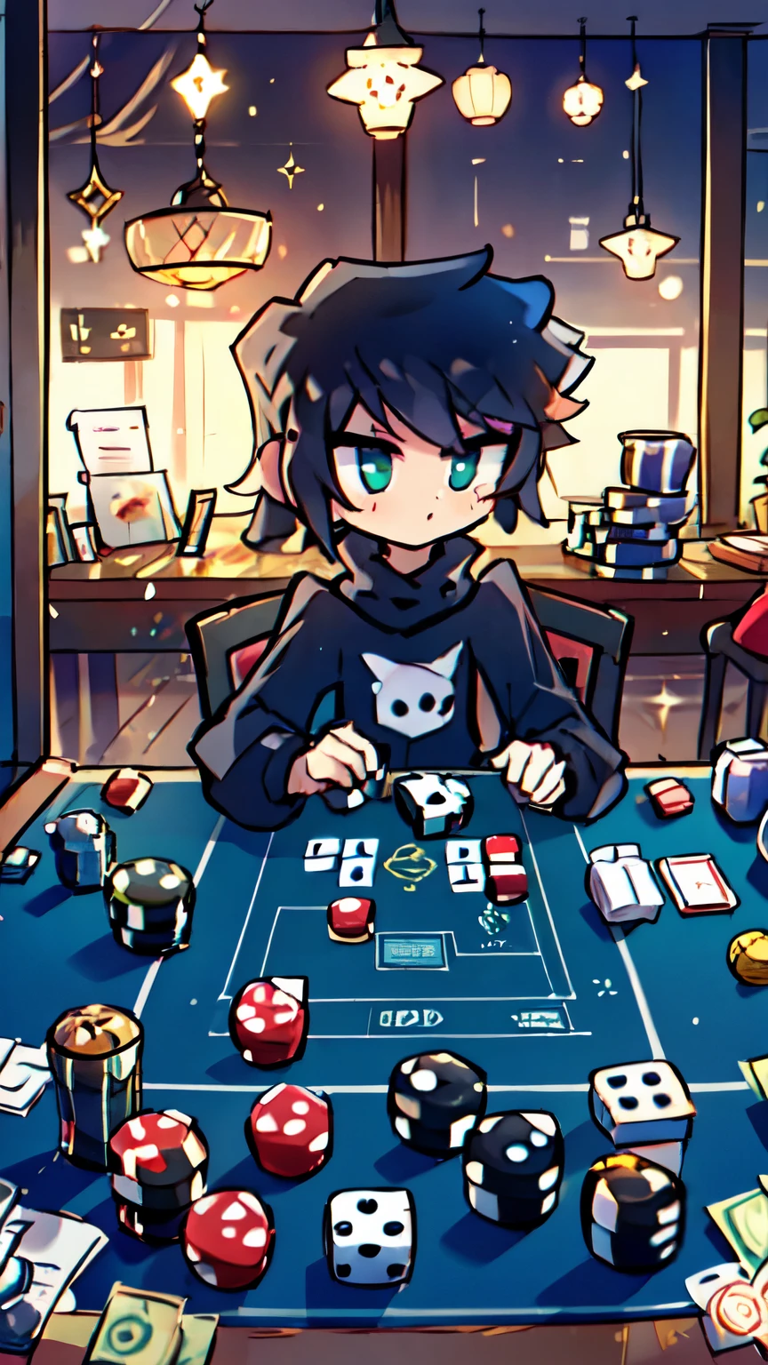 
boy , Bblack hair , black jersey , playing monopoly , board games , a 6_face dados , dados , rolling the dados , money on the table , de casino , roulette , gambling