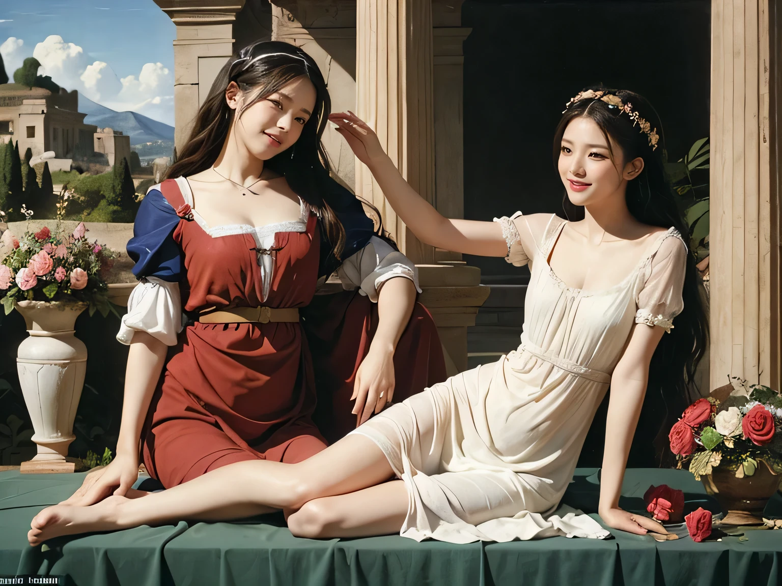 full body portrait or statue、Giorgione painting style,Arguments of two female Philosophe,math、astronomical machine、astronaut、roses in vase、fruits、Cute trinkets、smile、ancient greek costume、Ancient Roman landscape in the style of Nicolas Poussin,laughter,,Sweet and seductive appearance.、Caravaggio's paintings、Chiaroscuro of Caravaggio、hair tousled by the wind,Two women frolicking,cute smile, expression of ecstasy,Sexy,erotic,
