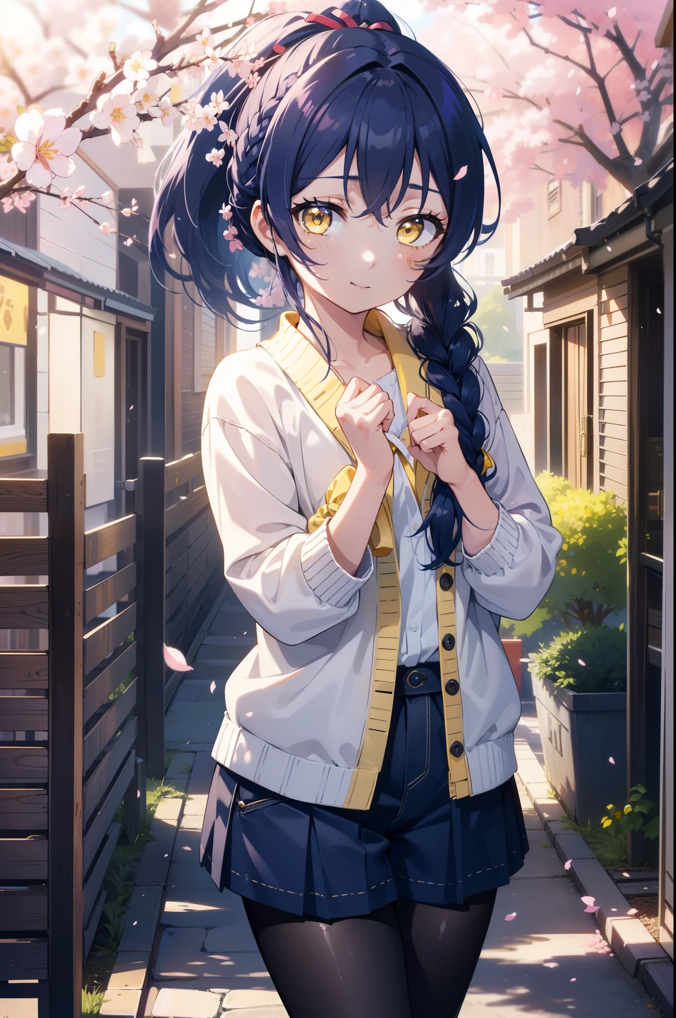 you are so kind, umi sonoda, long hair, blue hair,short braided hair,ponytail, (yellow eyes:1.5) (flat chest:1.2),
smile,blush, open your mouth,Blue oversized sweater,shorts,black pantyhose,white mini boots,walk,Cherry blossom tree-lined path,The cherry blossoms have bloomed,Cherry blossoms are scattered,morning,morning日,the sun is rising, 　　　　　　　　　　break looking at viewer,whole body,(cowboy shot:1. 5)　　　　　　　　 　　　　　　　　　　break outdoors, residential street, 
break (masterpiece:1.2), highest quality, High resolution, unity 8k wallpaper, (figure:0.8), (detailed and beautiful eyes:1.6), highly detailed face, perfect lighting, Very detailed CG, (perfect hands, perfect anatomy),