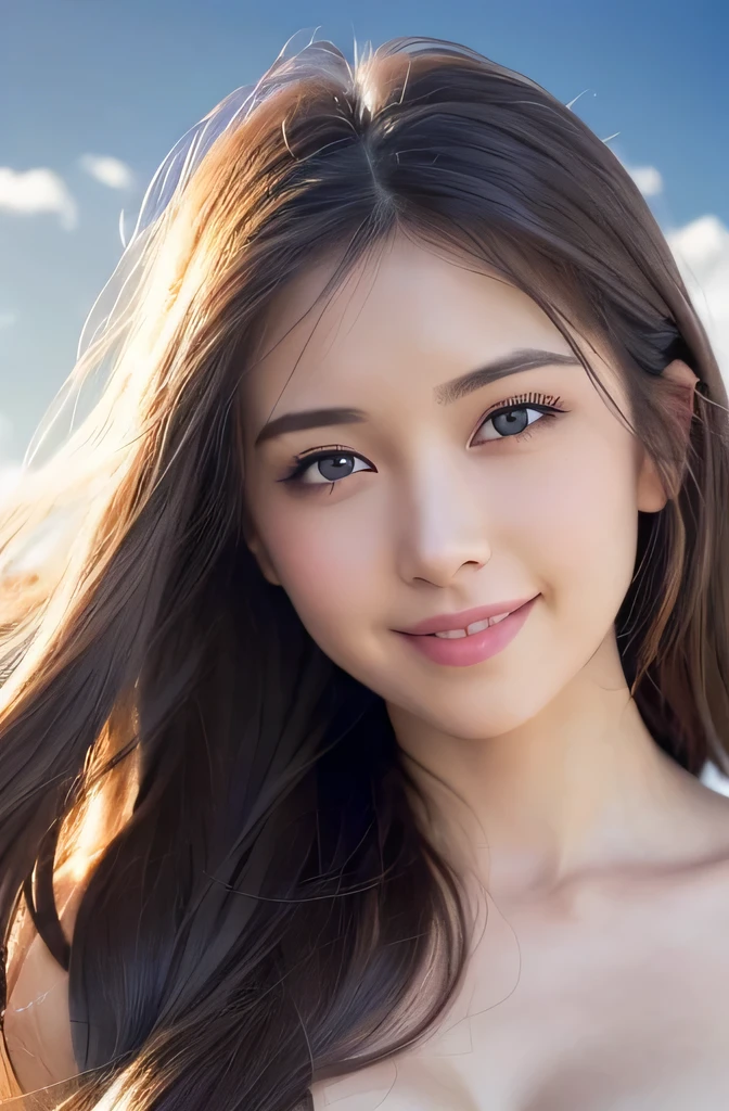Girl looking into the distance, place like Salar de Uyuni, beautiful sky, water surface reflecting the girl, mirrored surface, white dress, black hair, long hair, big eyes, well-defined face, happy full smile, smile so big it opens her mouth, both hands grasping hem of dress, highest quality, high definition masterpiece, highest quality, super detailed, super detailed, 4K, 8K, (beautiful detailed eyes, super detailed skin)), distant camera angle