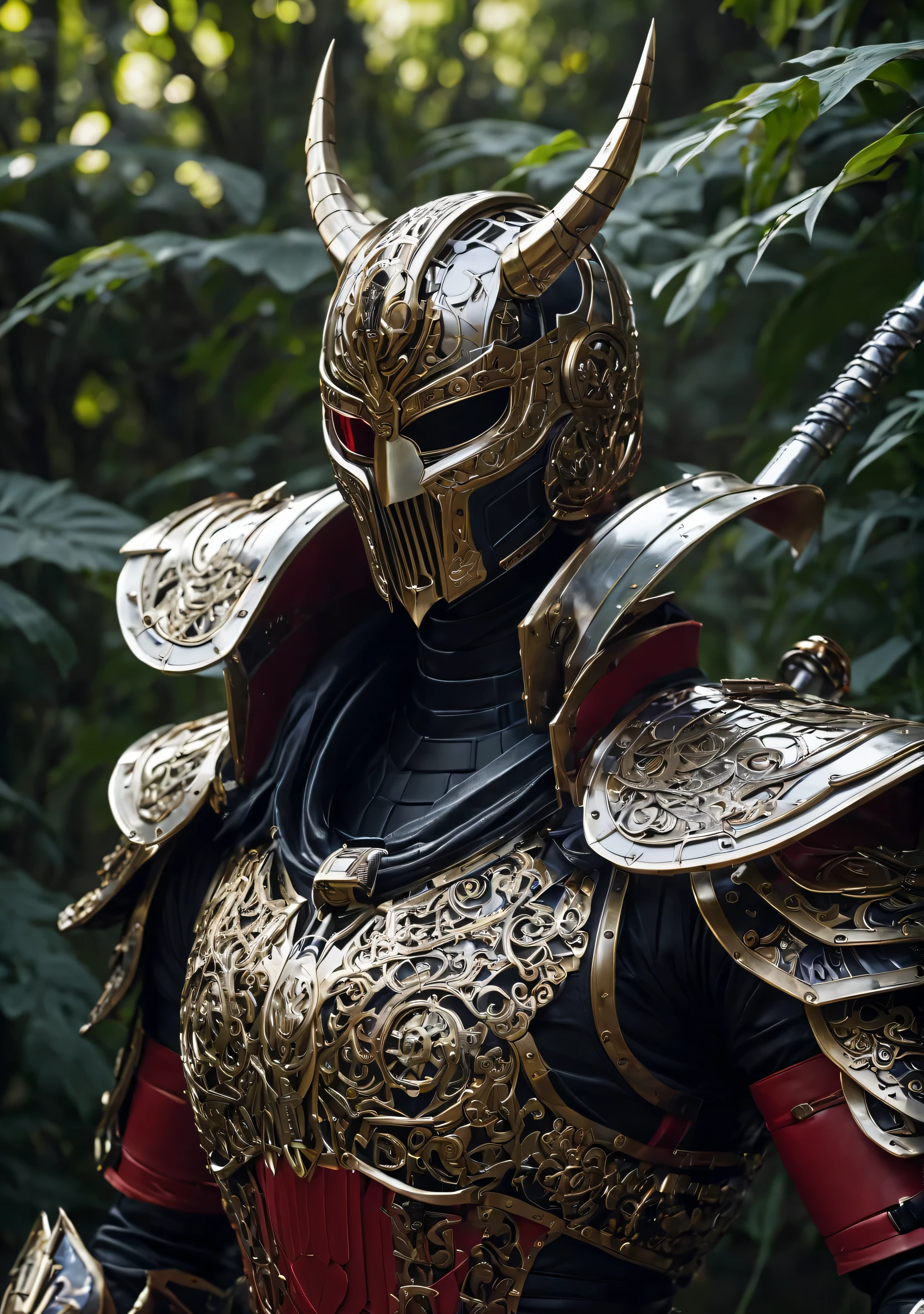 a close up of a sculpture of a terminator, a surrealist sculpture, inspired by Joong Keun Lee, intricate red armor, with cyberpunk glasses, with a background behind a lot of vegetation in the forest, fractal automaton, perfect android, paper cut art, many wires attached to , sculpture of persephone, akihiko yoshida, petros afshar speedart, best of behance, egyptian samurai, portrait of hollow knight, he wears dark visors, heavy white and golden armor, divine render