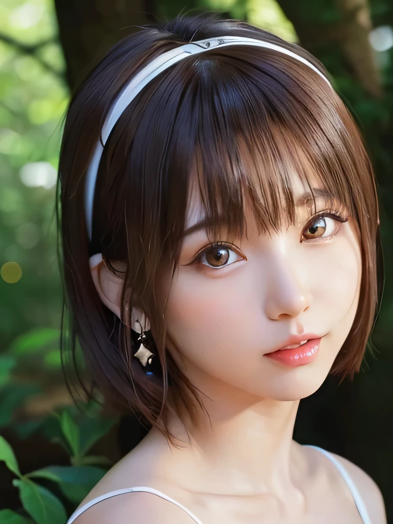 masterpiece, highest quality, １６K,enlightenment, Sax Blue, platinum earrings, platinum necklace, white dress, 1 girl, cute, (dynamic lighting:1.2), cinematic lighting, delicate features, detailed eye, sharp pupils, realistic student, in the forest, Bokeh, sharp focus, (super detailed, bloom, shine:1.4), brown eyes、brown hair、she is a tree fairy、forest background、in the forest、headband、short bob、