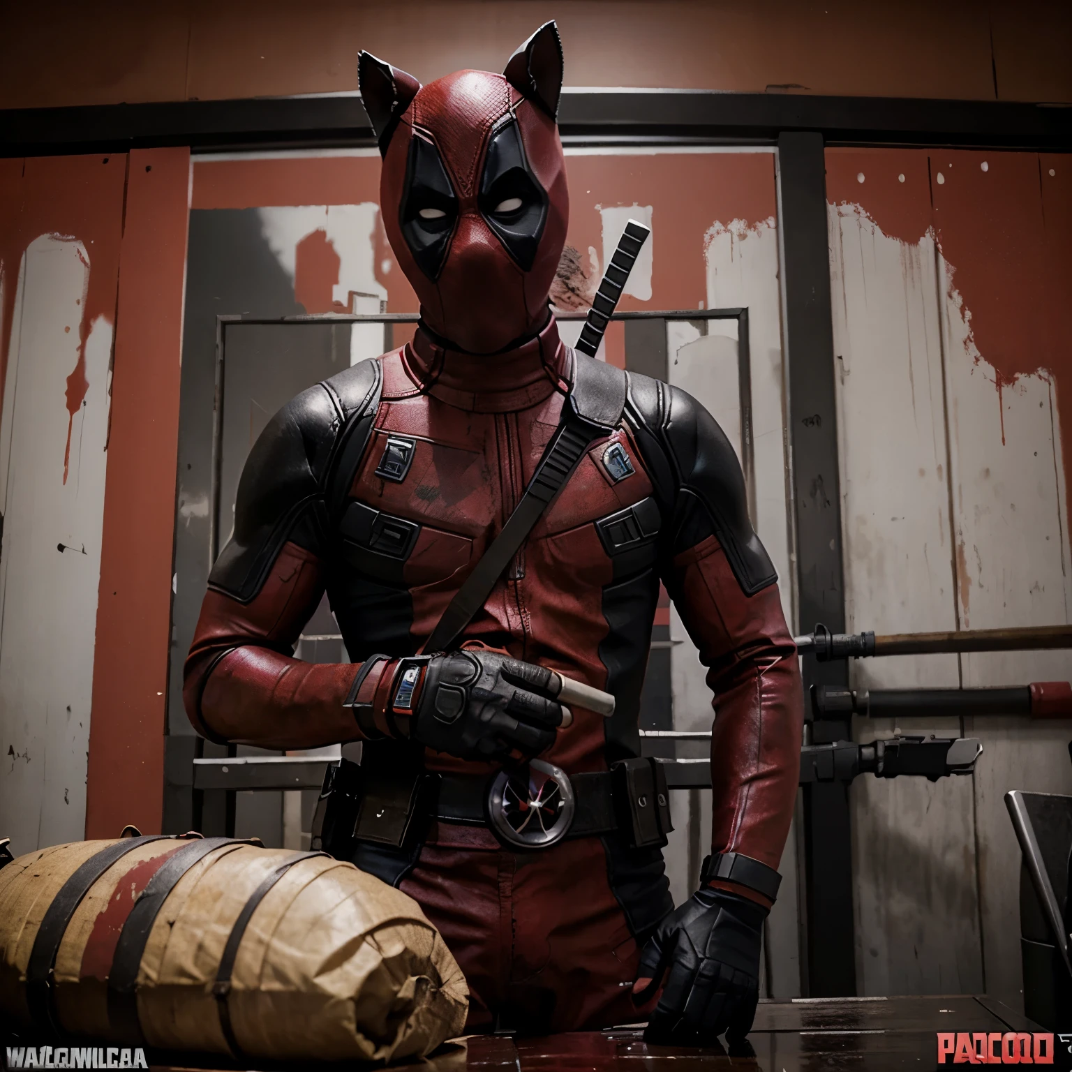 Deadpool, red, black, sword, machine gun, blood, unicorn, chimichanga