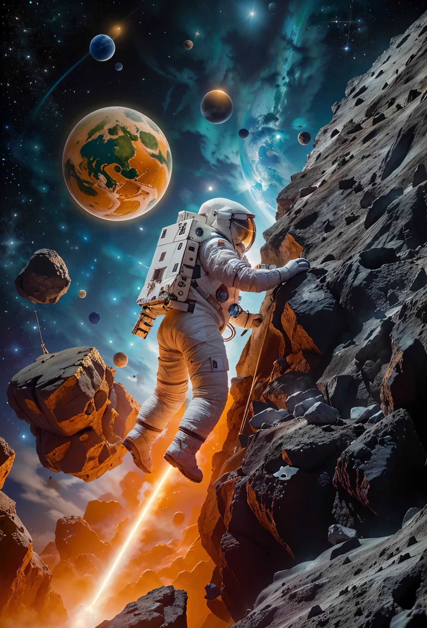 (de cerca，Mejor calidad,4k,8K,A high resolution,obra maestra:1.2),ultra detallado,(realista,Fotorrealista,fotorrealista:1.37),Dreamy exotic landscape, (Cielo planetario distante, A man wearing a blue Traje espacial made of cutting-edge technology of the future, Primer plano de escalar acantilados en Marte: 1.5), Planetas anillados flotando en el cielo.,illustration, estrellas brillantes y brillantes, Stunning galactic background,A feeling of mystery and tranquility.,magical atmosphere, A happy and peaceful scene.,Surreal and ethereal colors.,paisaje texturizado,ambiente de otro mundo, magnificent view,Hazy and mysterious atmosphere.,dramatic lighting and shadow., Unique rock formations,An exciting feeling of adventure.,Maravillas naturales impresionantes, Grandeza y sentido de escala, Endless exploration possibilities，Traje espacial，DonMPl44T3chXL，(Chinese high-tech Traje espacial，High-detail Traje espacial，China&#39;s next generation of astronauts)
