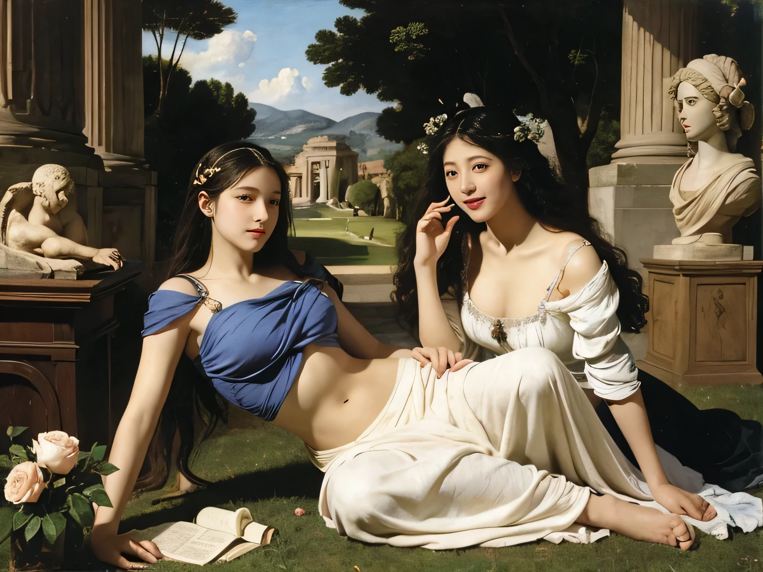 full body portrait or statue、Giorgione painting style,Arguments of two female Philosophe,math、astronomical machine、astronaut、roses in vase、fruits、Cute trinkets、smile、ancient greek costume、Ancient Roman landscape in the style of Nicolas Poussin,laughter,,Sweet and seductive appearance.、Caravaggio's paintings、Chiaroscuro of Caravaggio、hair tousled by the wind,Two women frolicking,cute smile, expression of ecstasy,Sexy,erotic