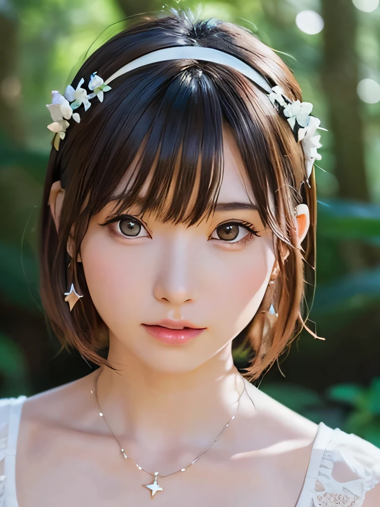 masterpiece, highest quality, 16K,enlightenment, Sax Blue, platinum earrings, platinum necklace, white dress, 1 girl, cute, (dynamic lighting:1.2), cinematic lighting, delicate features, detailed eye, sharp pupils, realistic student, in the forest, Bokeh, sharp focus, (super detailed, bloom, shine:1.4), brown eyes、brown hair、she is a tree fairy、forest background、in the forest、headband、short bob、