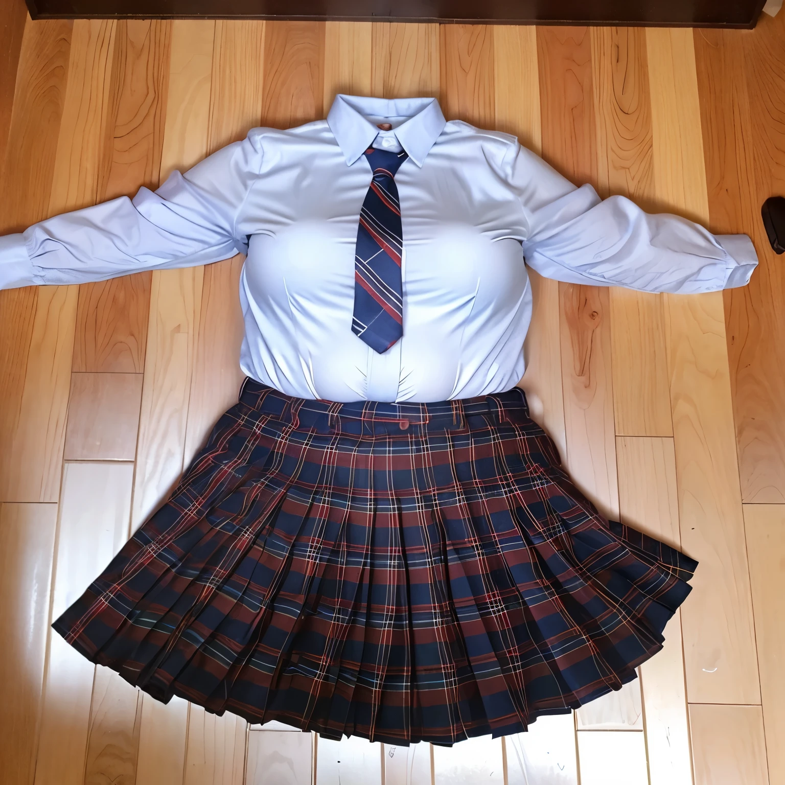 school clothes lying on floor, stripe tie, plaid skirt, chubby, fat, (invisible, no humans, headless, faceless:1.5), cute big breasts