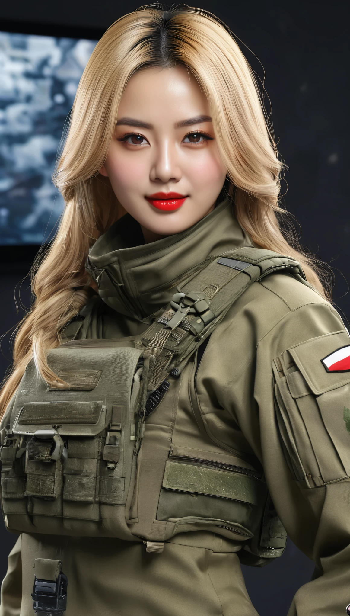 (((hyper real)))、超未来的なfemale soldier、陸軍female soldier、Beautiful woman High level image quality High resolution realistic blonde woman、mature woman、((big big tits))、Fine skin texture、超High resolution、realistic、plump body shape、smile、中年Beautiful woman、beautiful expression 、fine brown eyes、fluffy long hair、非常に繊細でFine skin texture、35army soldier woman、(Very futuristic huge computer room)、female soldier、big cleavage、bright red lips、(Wearing a combat suit)、