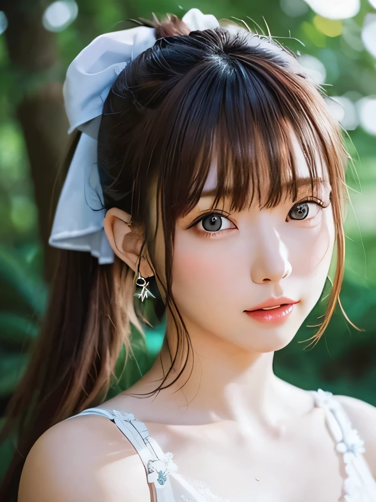 masterpiece, highest quality, １６K,enlightenment, Sax Blue, platinum earrings, platinum necklace, white dress, 1 girl, cute, (dynamic lighting:1.2), cinematic lighting, delicate features, detailed eye, sharp pupils, realistic student, in the forest, Bokeh, sharp focus, (super detailed, bloom, shine:1.4), green eyes、brown hair、she is a tree fairy、forest background、in the forest、headband、ponytail、