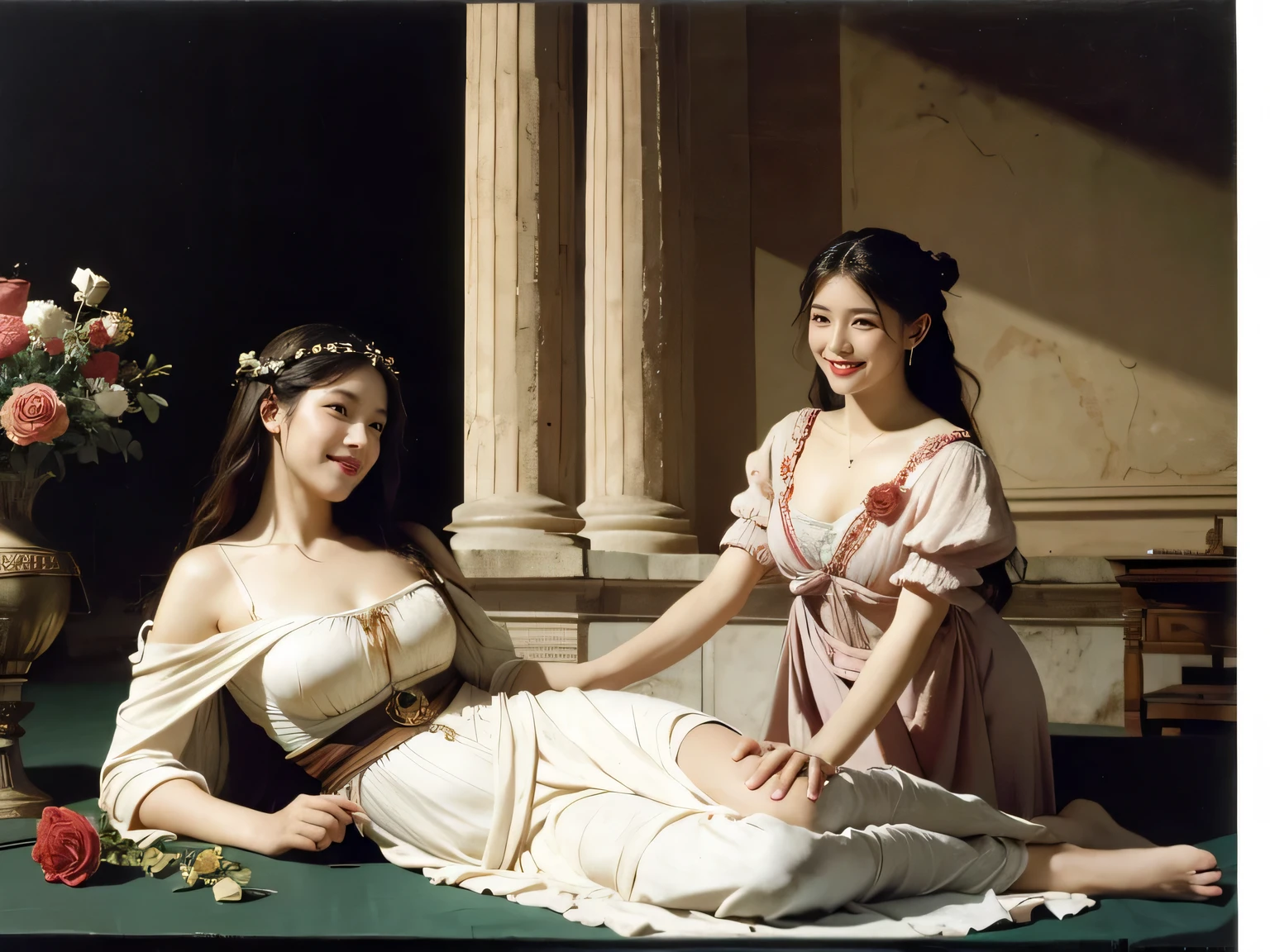 full body portrait or statue、Giorgione painting style,Arguments of two female Philosophe,math、astronomical machine、astronaut、roses in vase、fruits、Cute trinkets、smile、ancient greek costume、Ancient Roman landscape in the style of Nicolas Poussin,laughter,,Sweet and seductive appearance.、Caravaggio's paintings、Chiaroscuro of Caravaggio、hair tousled by the wind,Two women frolicking,cute smile, expression of ecstasy,Sexy,erotic